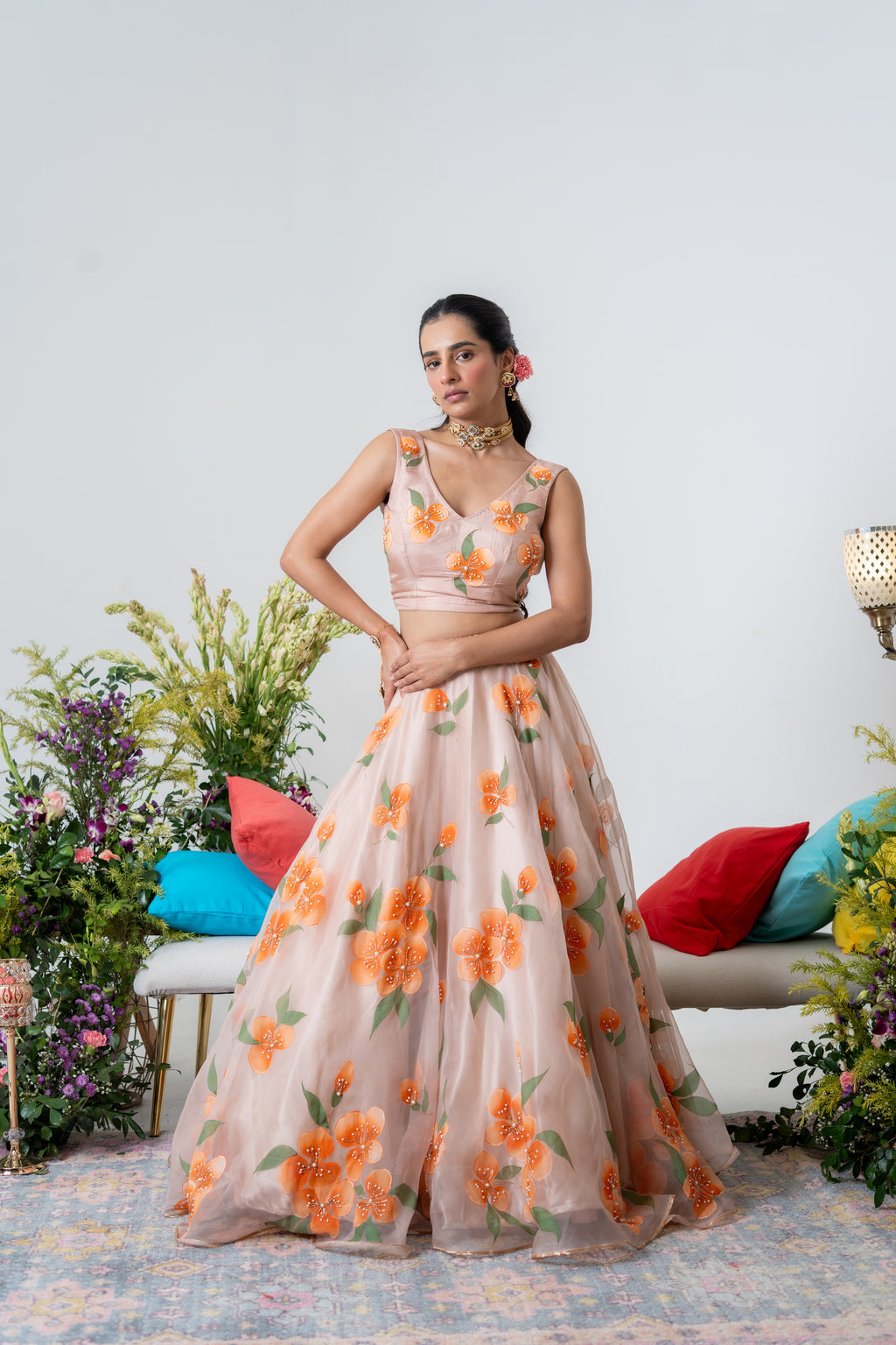 Hand-painted and Handembroiderd Peach Floral Lehenga and Kurta Twin outfit