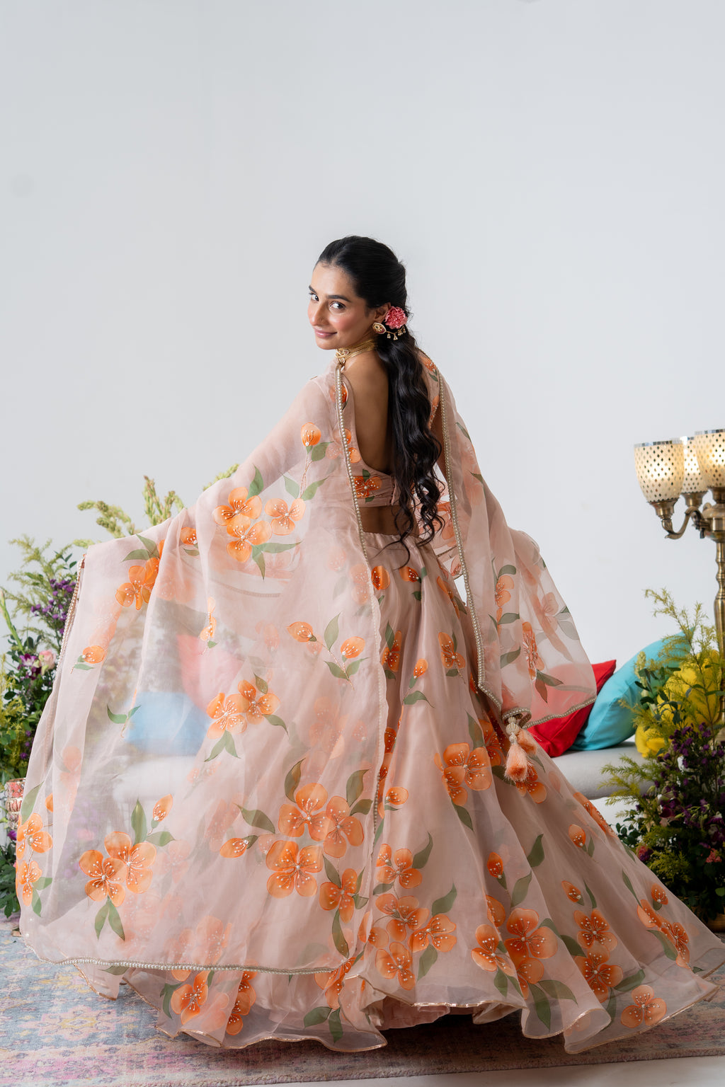 Hand-painted and Handembroiderd Peach Floral Lehenga and Kurta Twin outfit