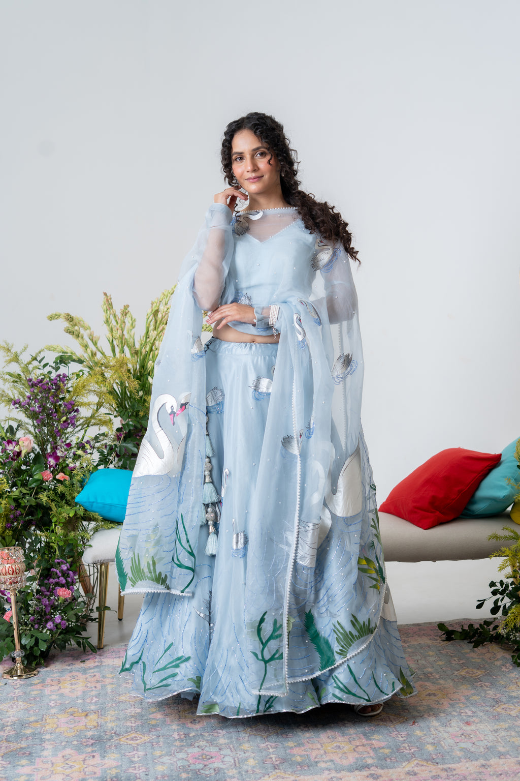 Handpainted and Handembroidered Pastel Blue Swan Lehenga and Kurta Twin Outfit