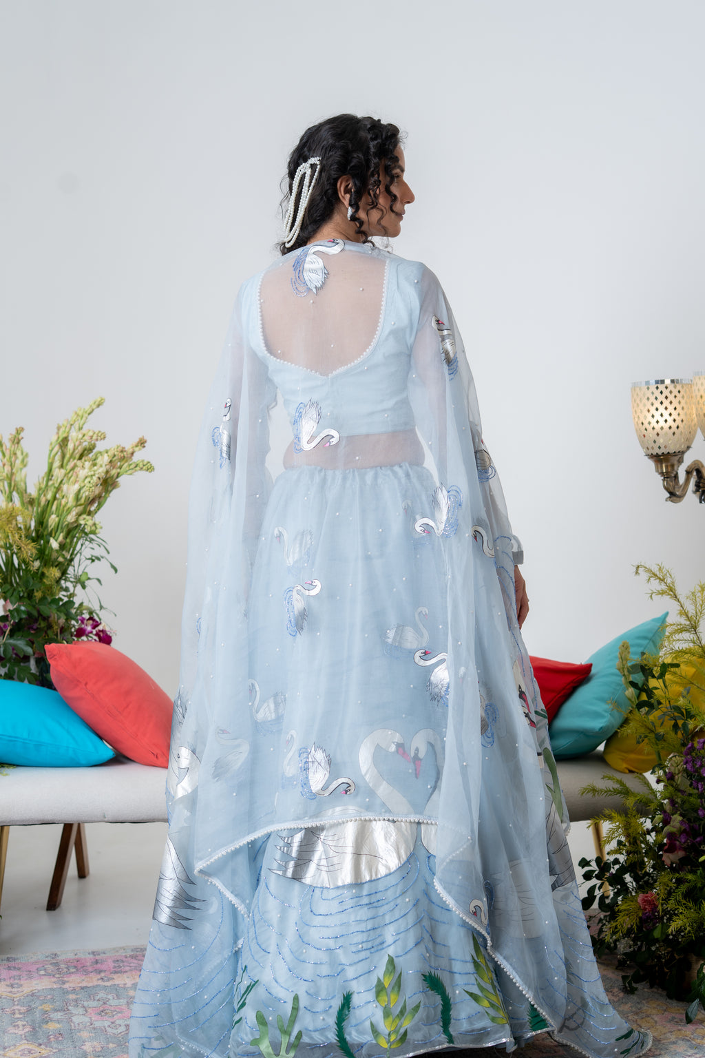 Handpainted and Handembroidered Pastel Blue Swan Lehenga and Kurta Twin Outfit