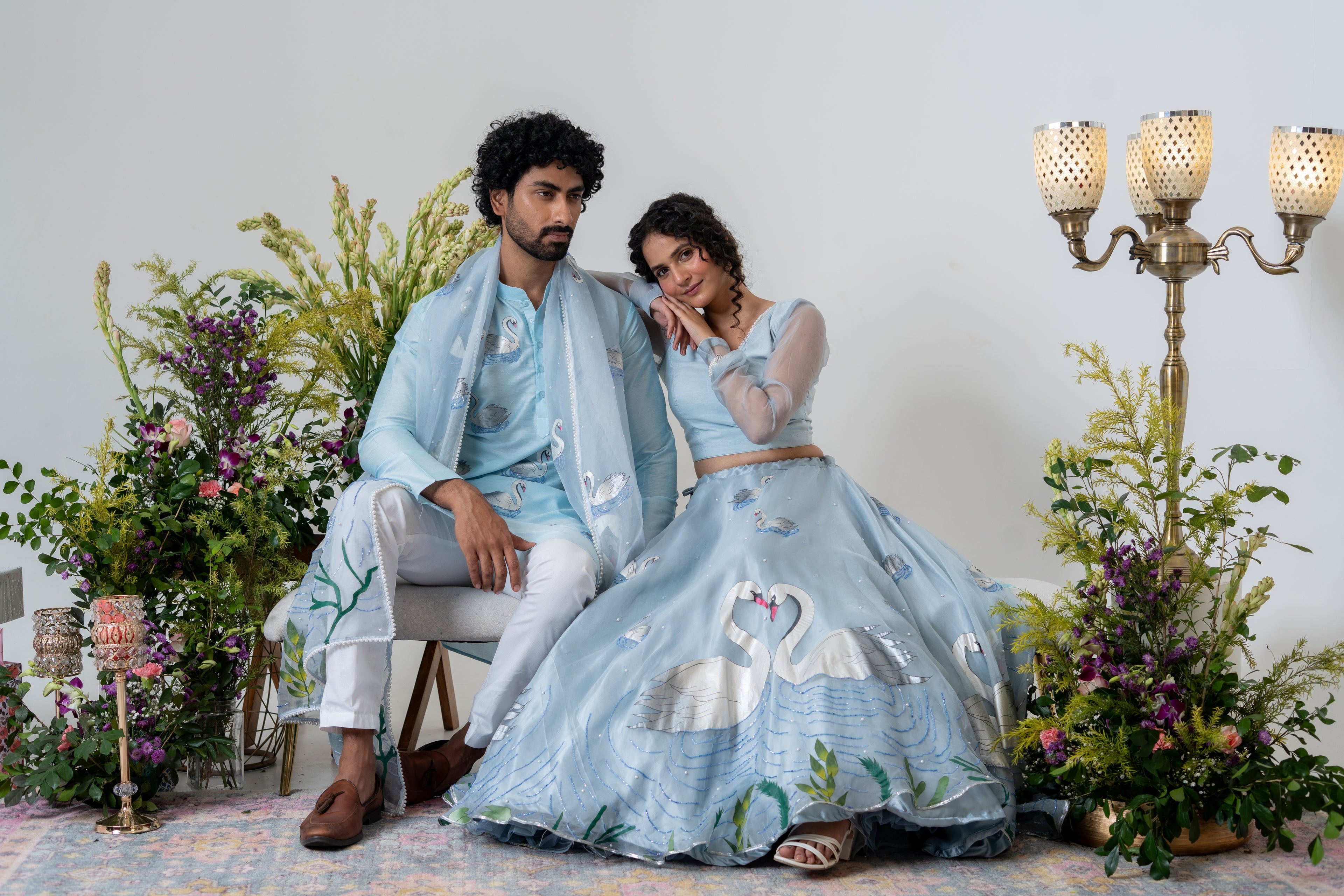 Handpainted and Handembroidered Pastel Blue Swan Lehenga and Kurta Twin Outfit