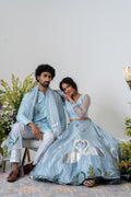 Handpainted and Handembroidered Pastel Blue Swan Lehenga and Kurta Twin Outfit