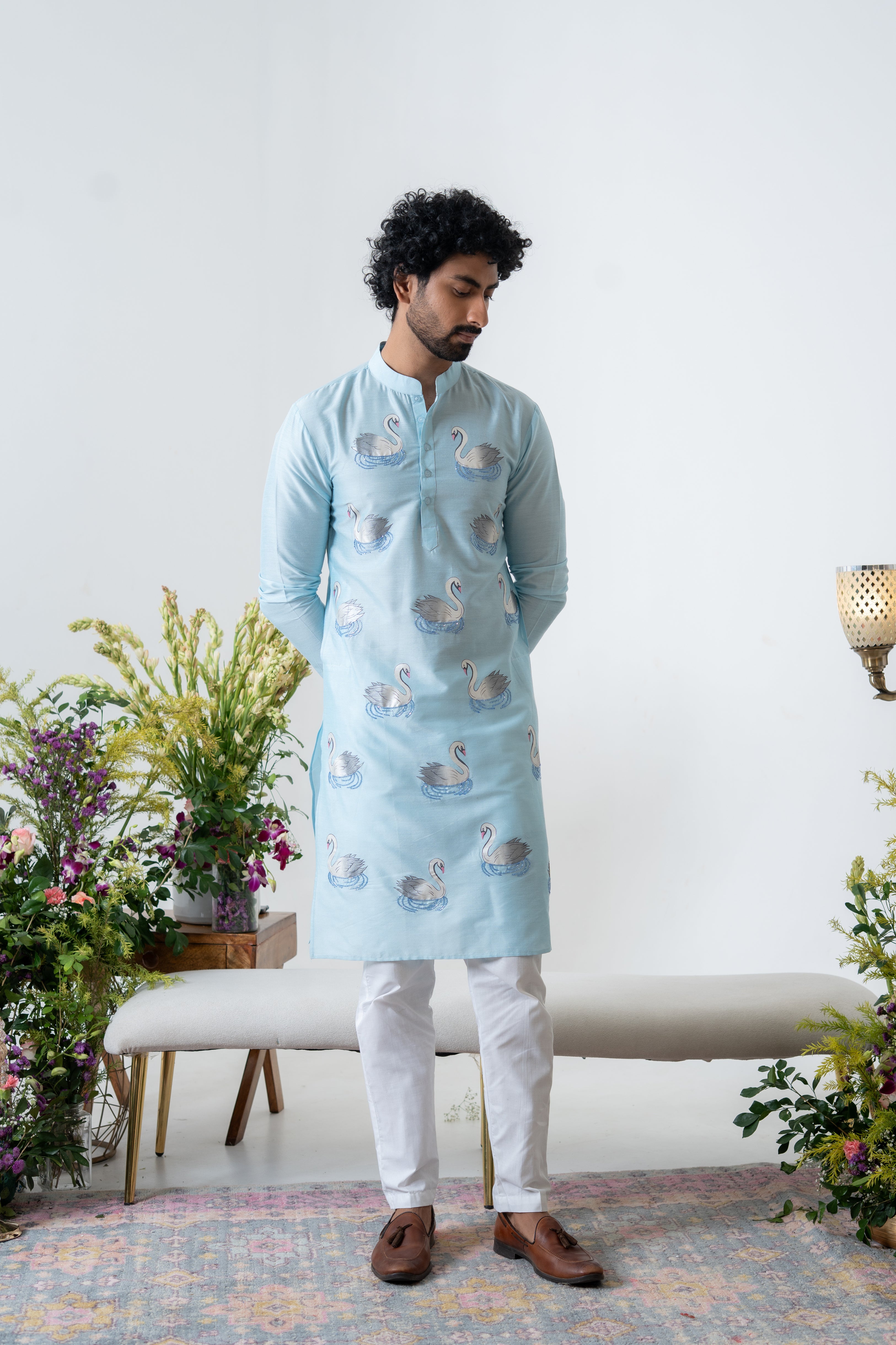 Handpainted and Handembroidered Pastel Blue Swan Lehenga and Kurta Twin Outfit