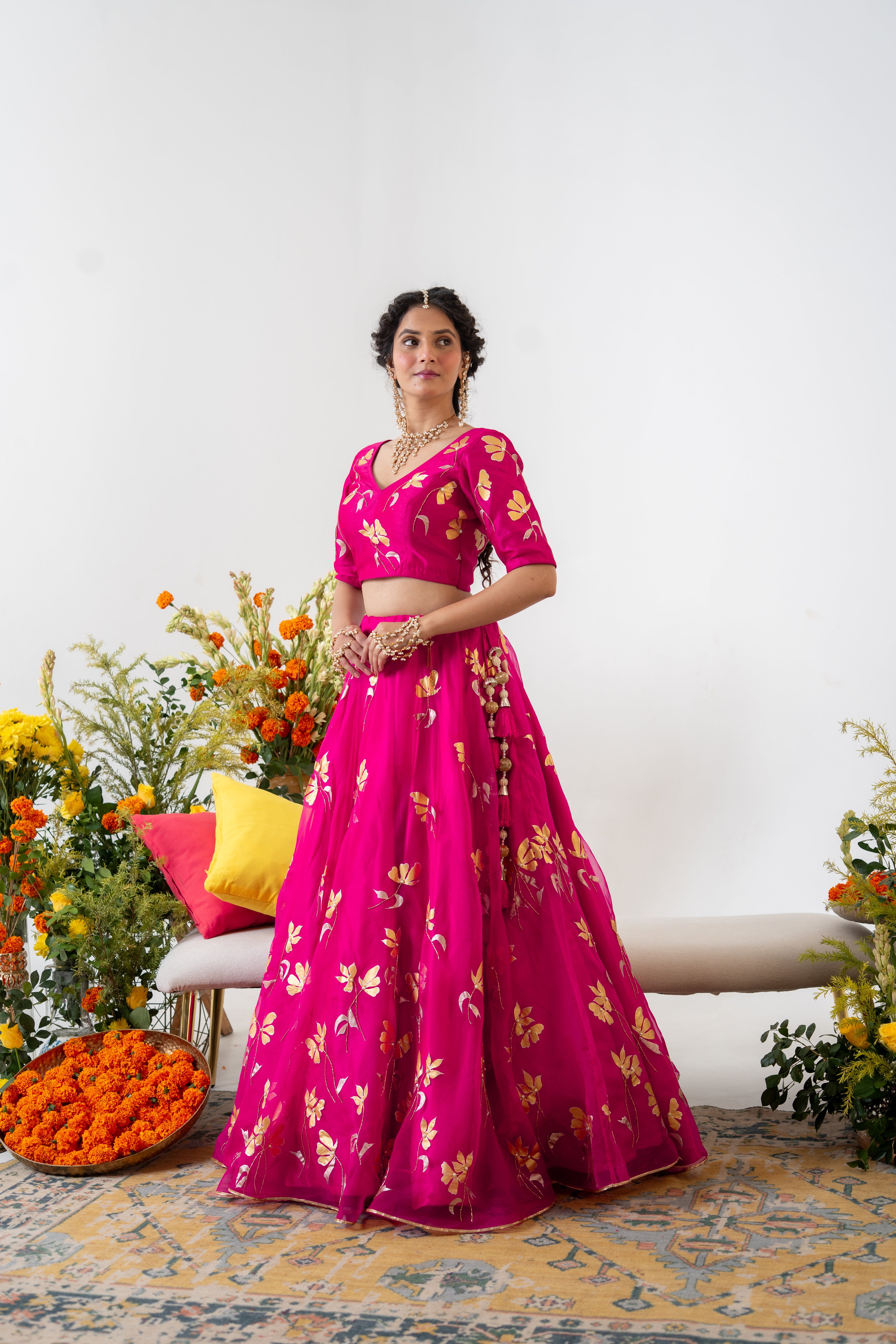 Handpainted and Handembroidered Rani Pink Golden Poppy Lehenga and Kurta Twin Outfit