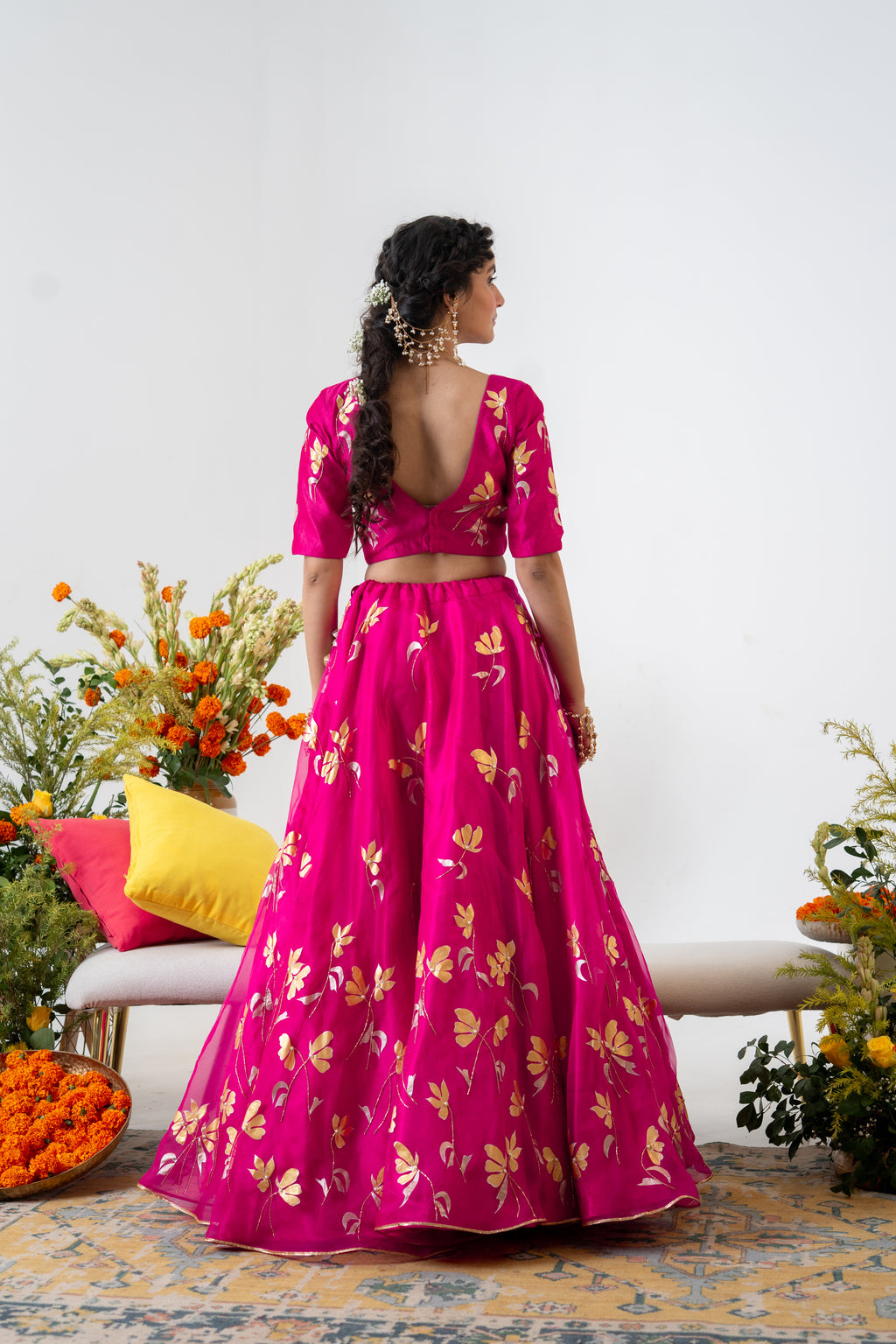 Handpainted and Handembroidered Rani Pink Golden Poppy Lehenga and Kurta Twin Outfit