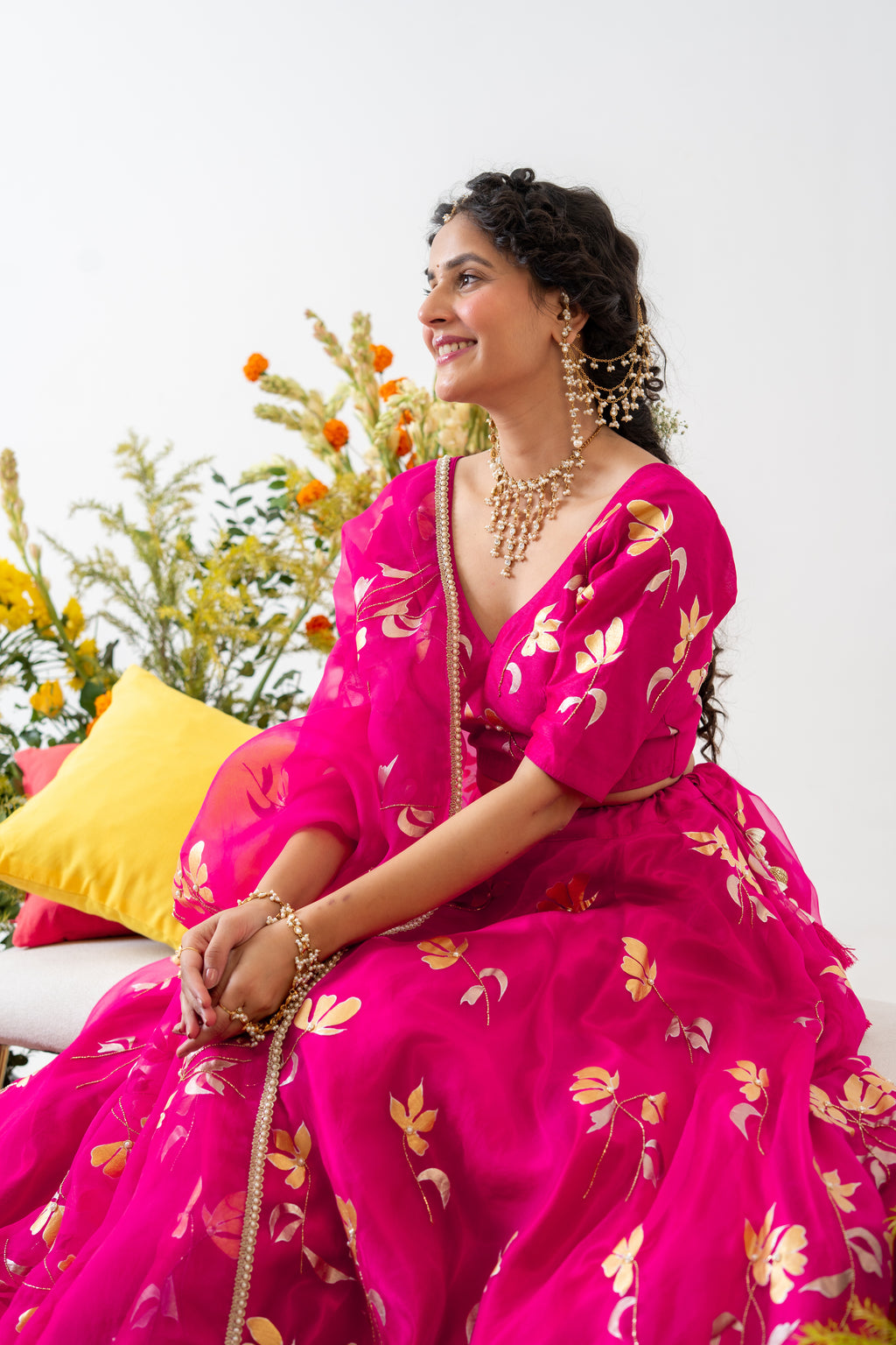 Handpainted and Handembroidered Rani Pink Golden Poppy Lehenga and Kurta Twin Outfit