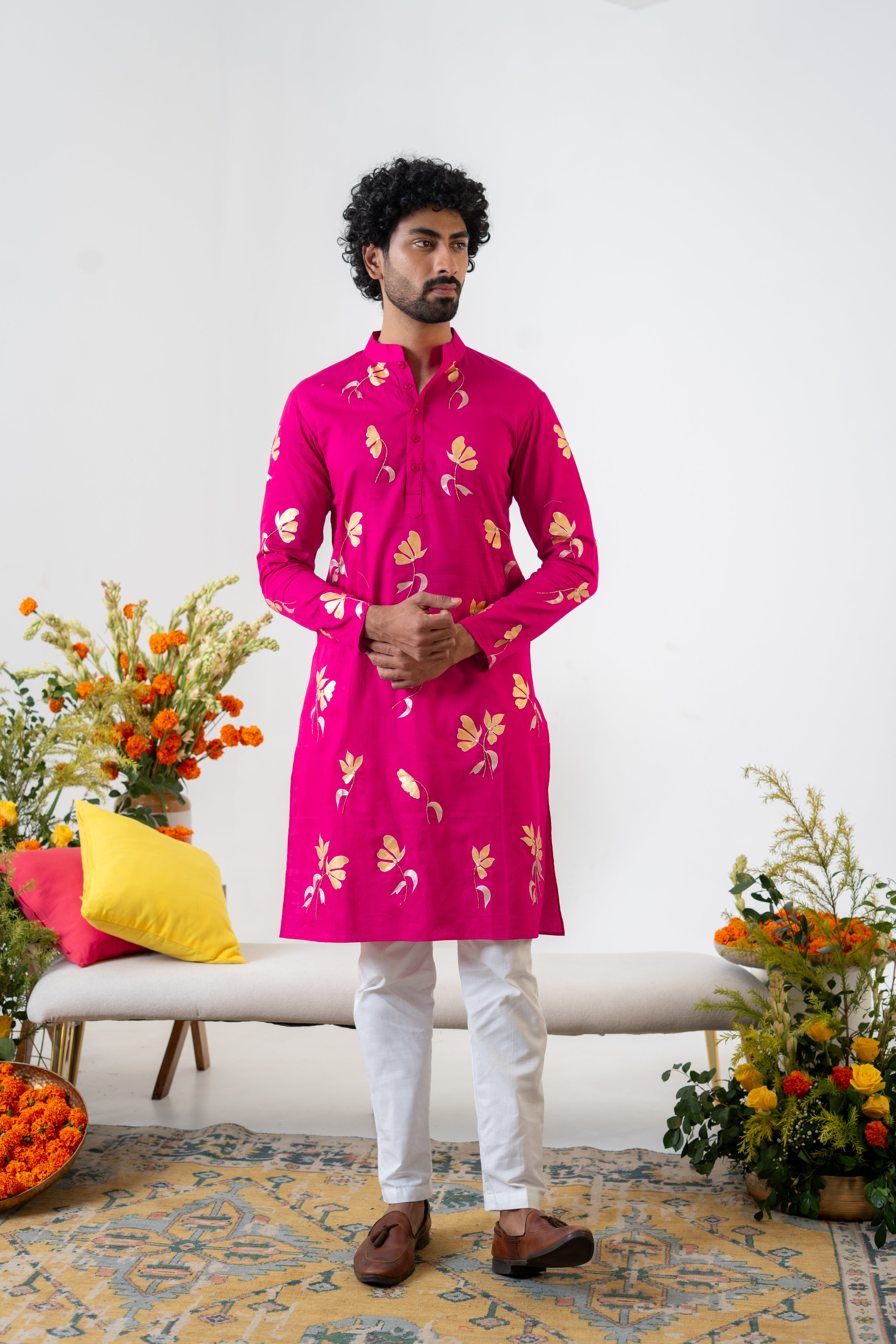 Handpainted and Handembroidered Rani Pink Golden Poppy Lehenga and Kurta Twin Outfit