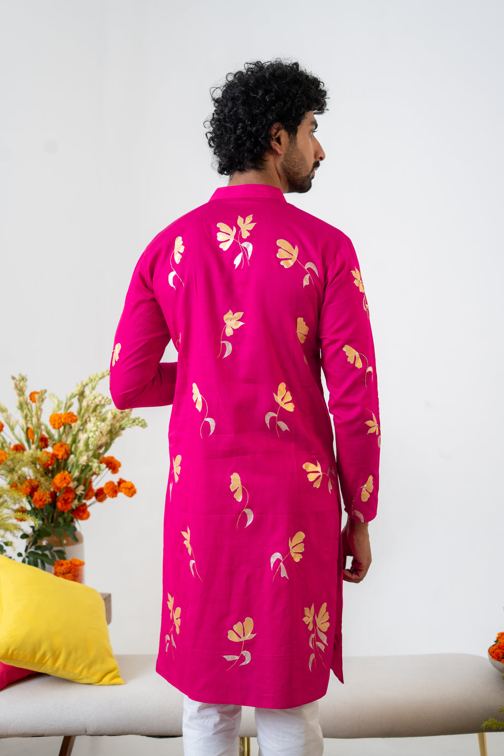 Handpainted and Handembroidered Rani Pink Golden Poppy Lehenga and Kurta Twin Outfit