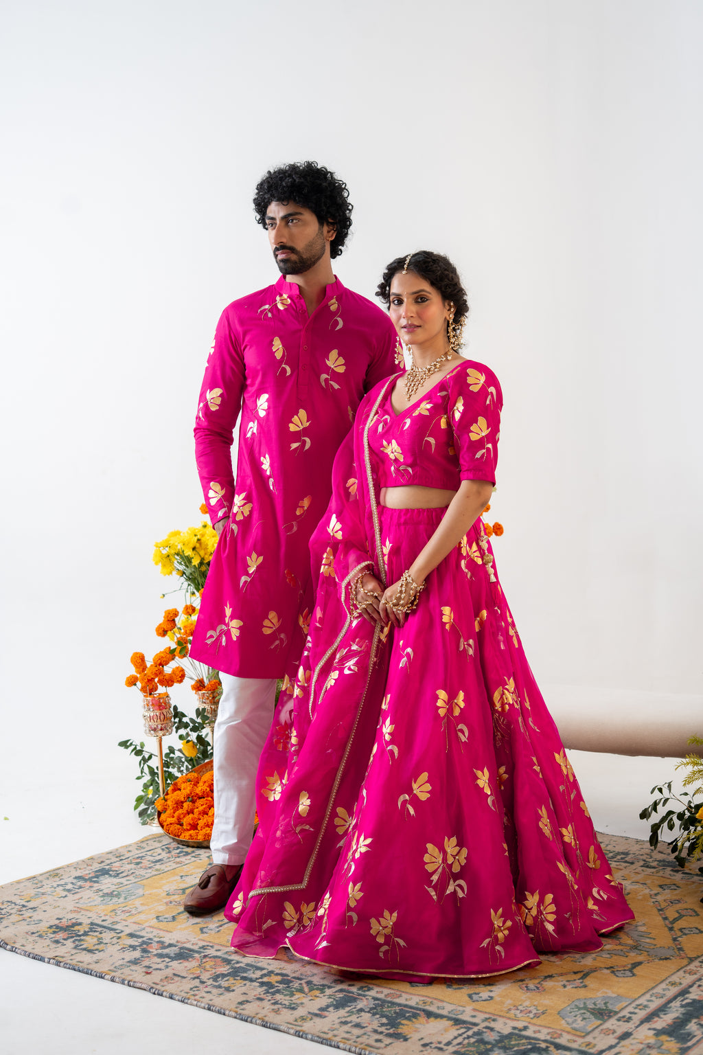 Handpainted and Handembroidered Rani Pink Golden Poppy Lehenga and Kurta Twin Outfit