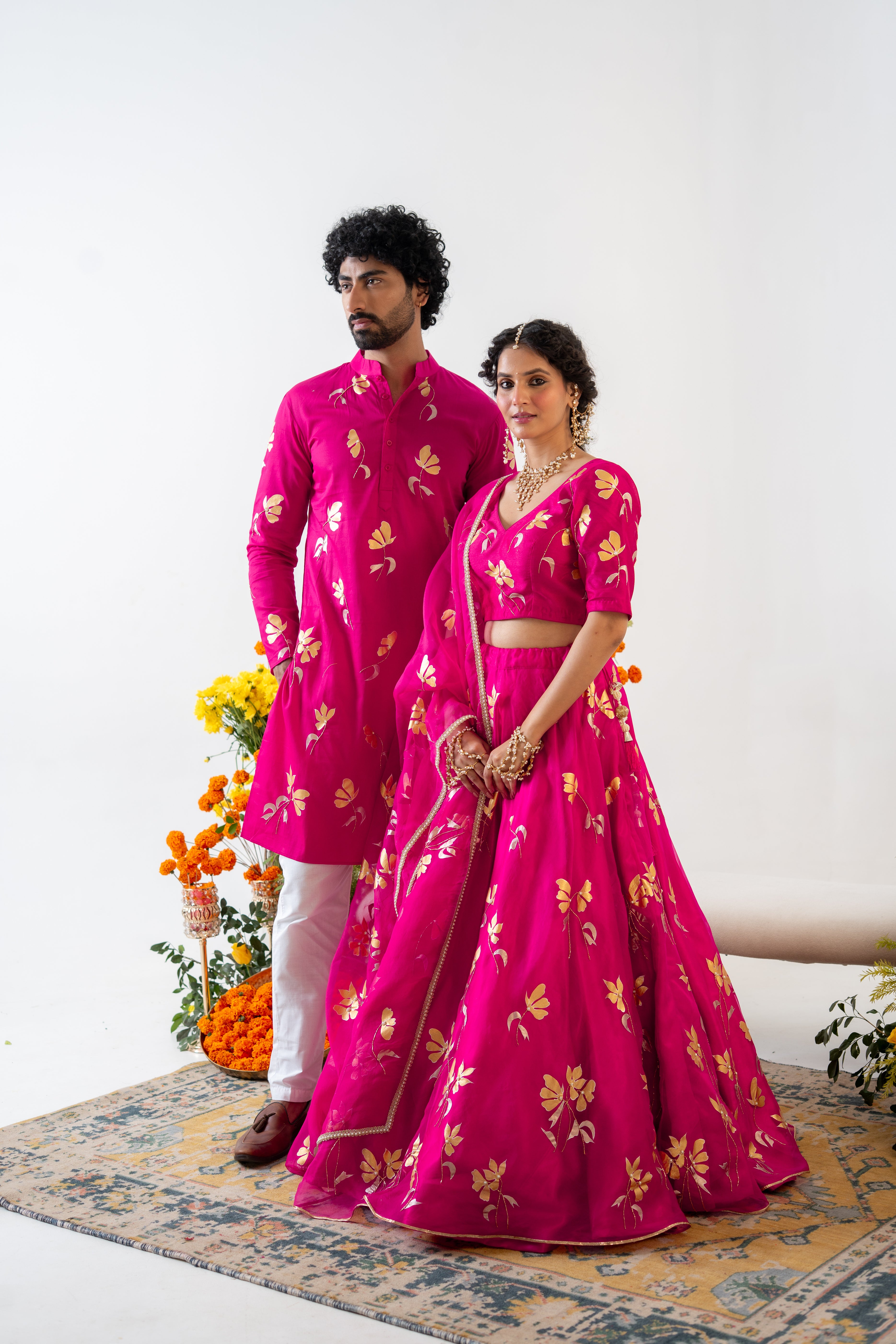 Handpainted and Handembroidered Rani Pink Golden Poppy Lehenga and Kurta Twin Outfit