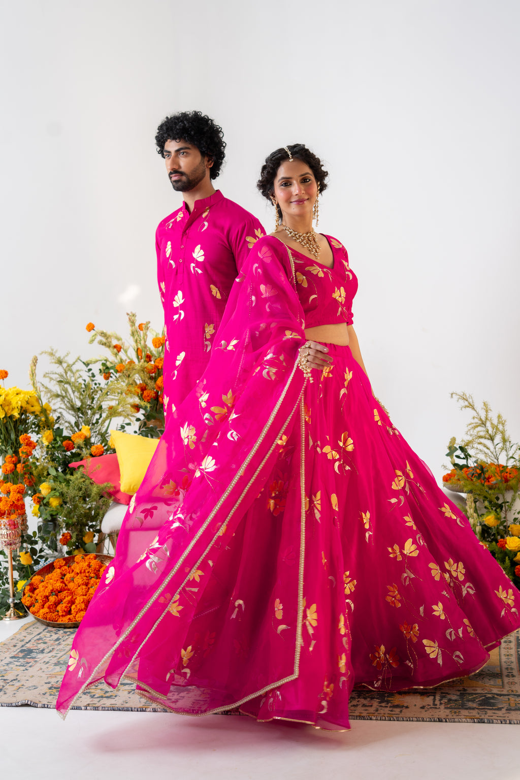 Handpainted and Handembroidered Rani Pink Golden Poppy Lehenga and Kurta Twin Outfit