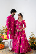 Handpainted and Handembroidered Rani Pink Golden Poppy Lehenga and Kurta Twin Outfit