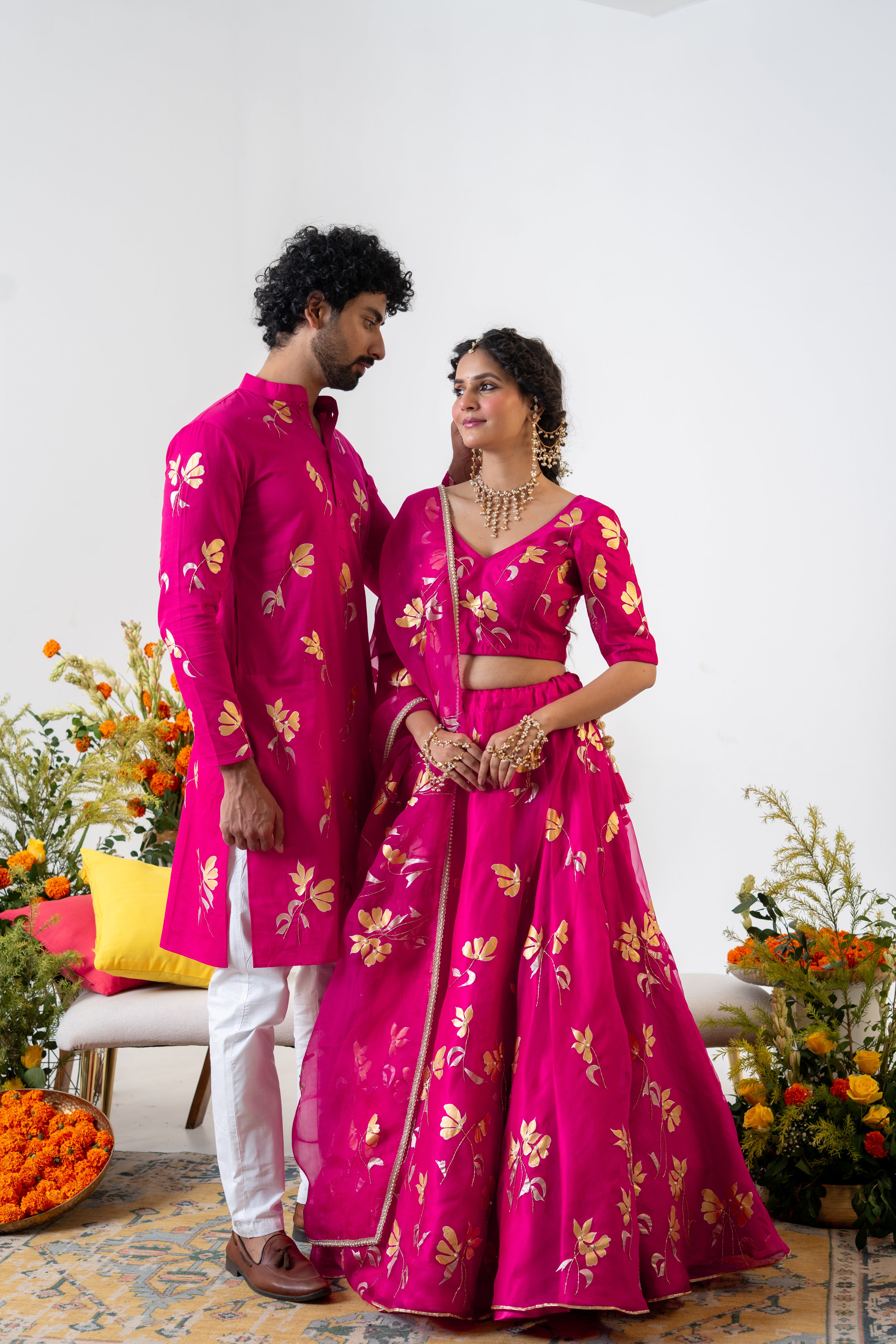 Handpainted and Handembroidered Rani Pink Golden Poppy Lehenga and Kurta Twin Outfit