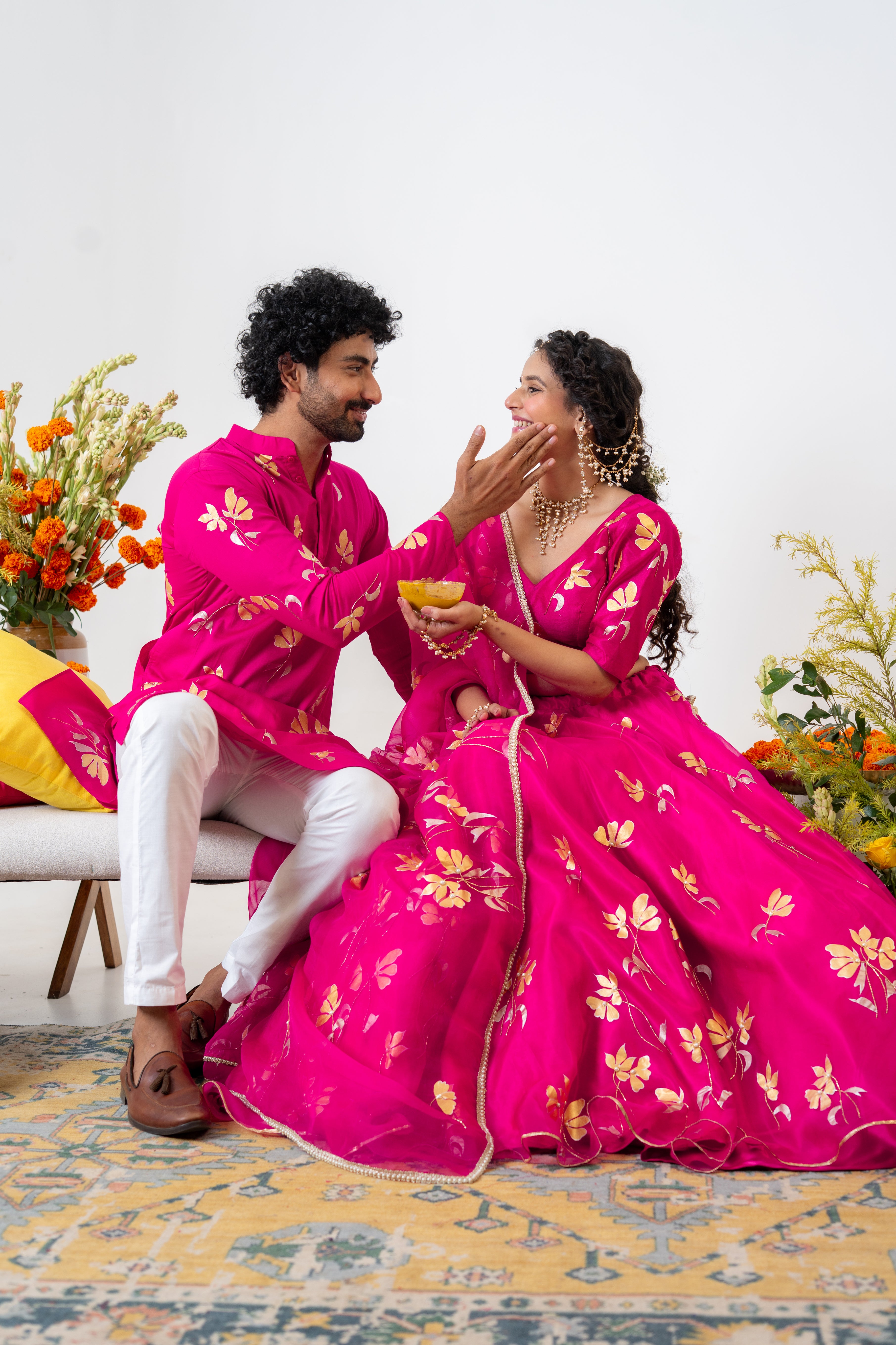 Handpainted and Handembroidered Rani Pink Golden Poppy Lehenga and Kurta Twin Outfit