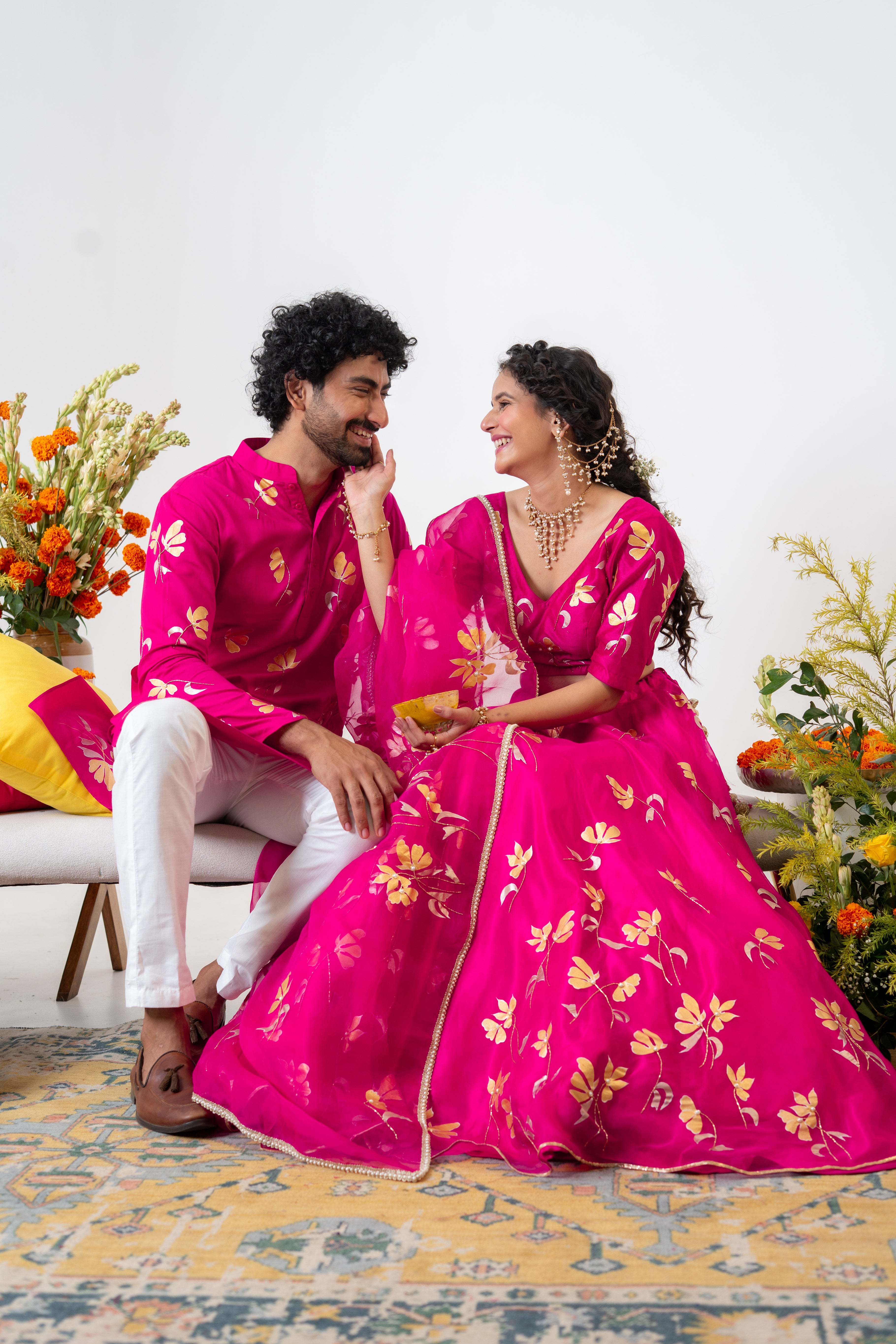 Handpainted and Handembroidered Rani Pink Golden Poppy Lehenga and Kurta Twin Outfit
