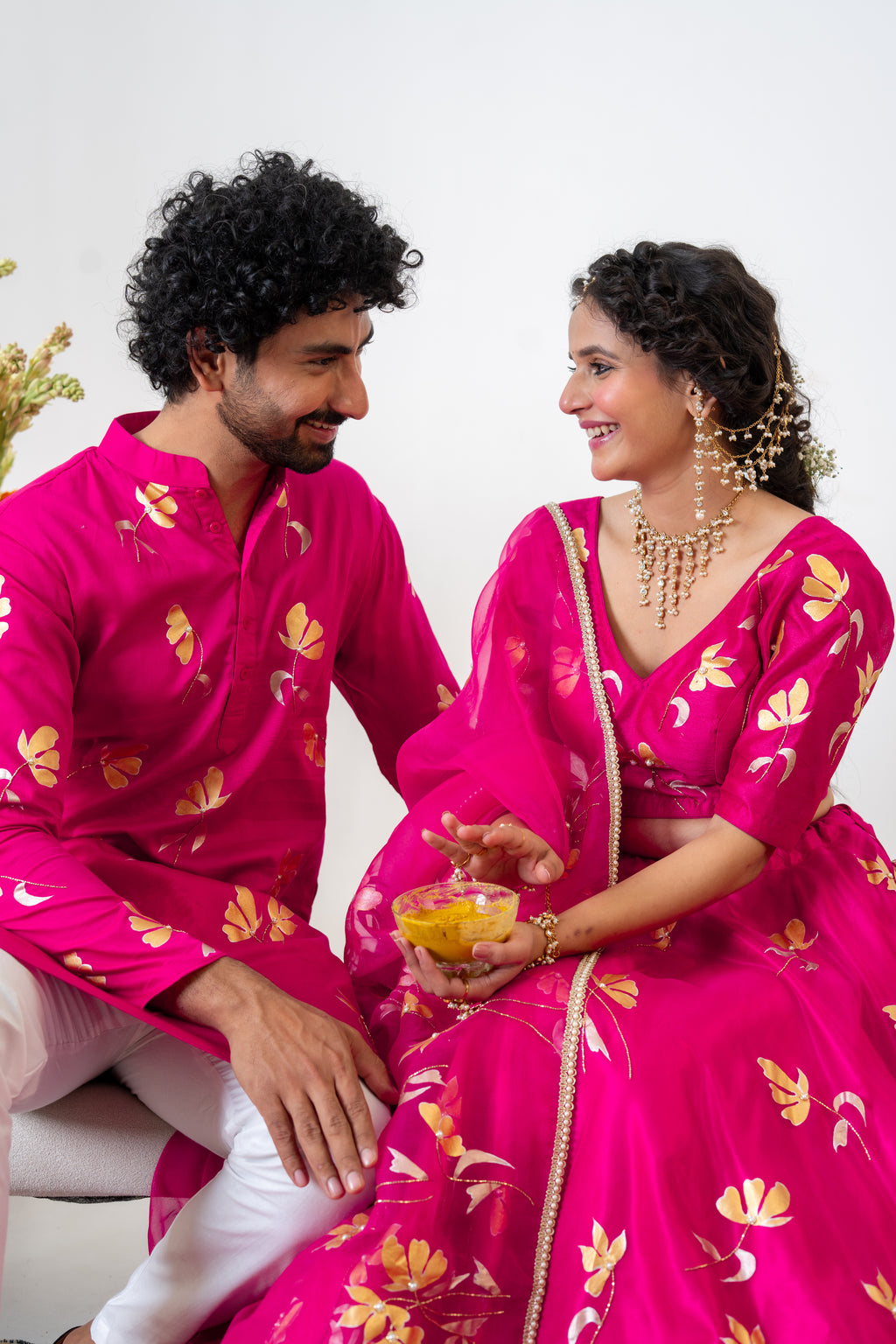 Handpainted and Handembroidered Rani Pink Golden Poppy Lehenga and Kurta Twin Outfit