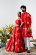 Handpainted and Handembroidered Red Fern Lehenga and Kurta Twin outfit