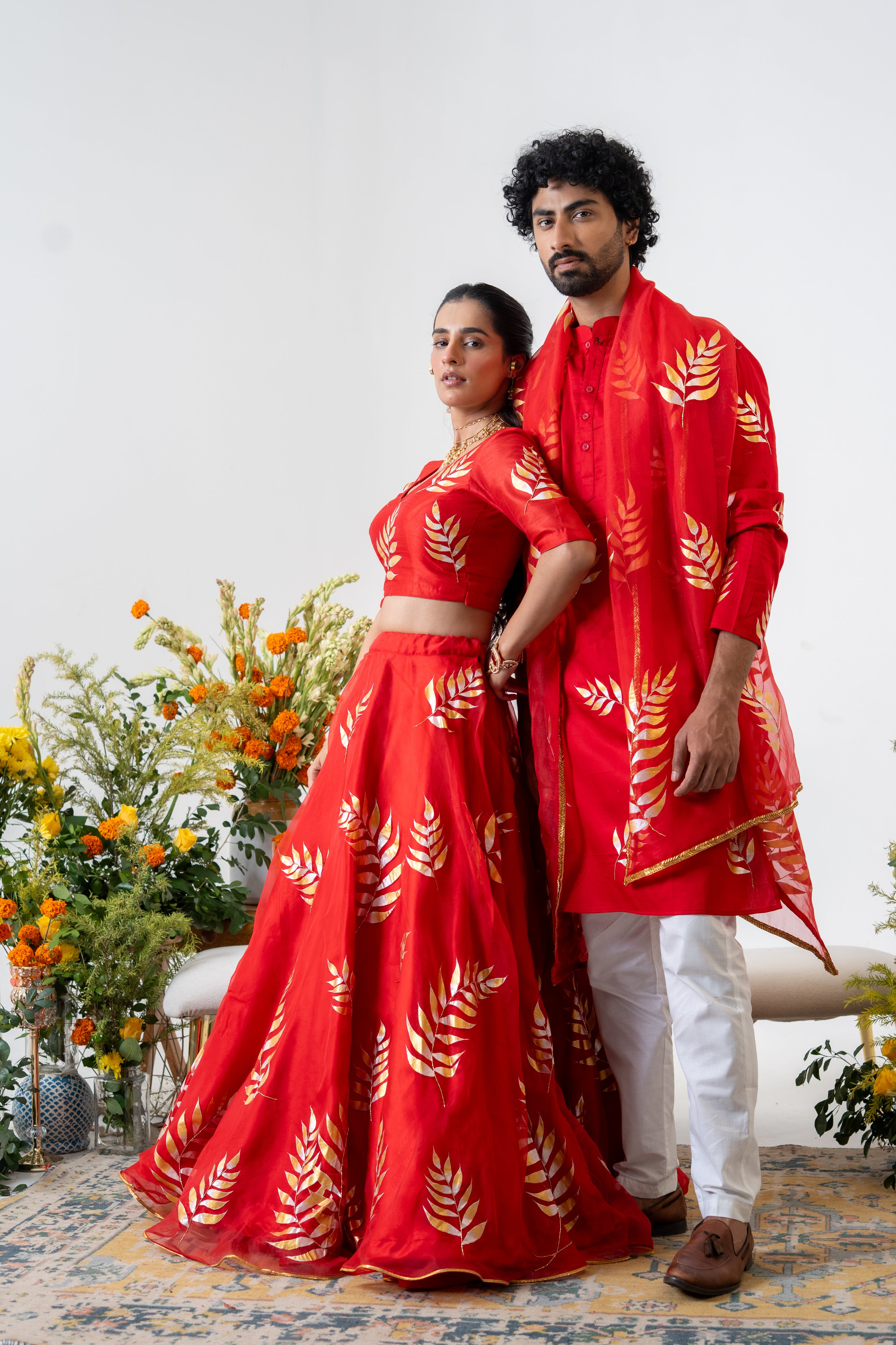 Handpainted and Handembroidered Red Fern Lehenga and Kurta Twin outfit