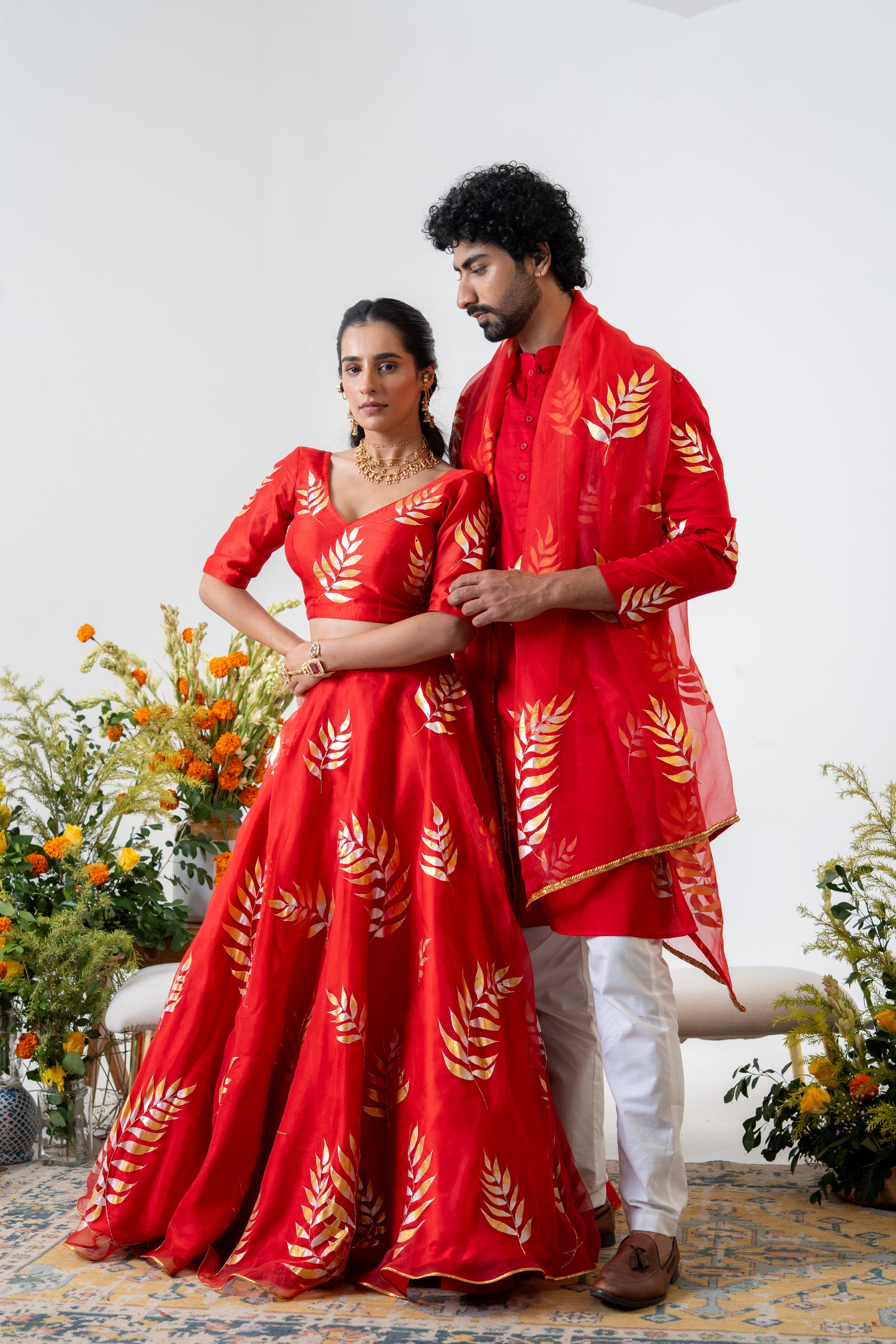 Handpainted and Handembroidered Red Fern Lehenga and Kurta Twin outfit