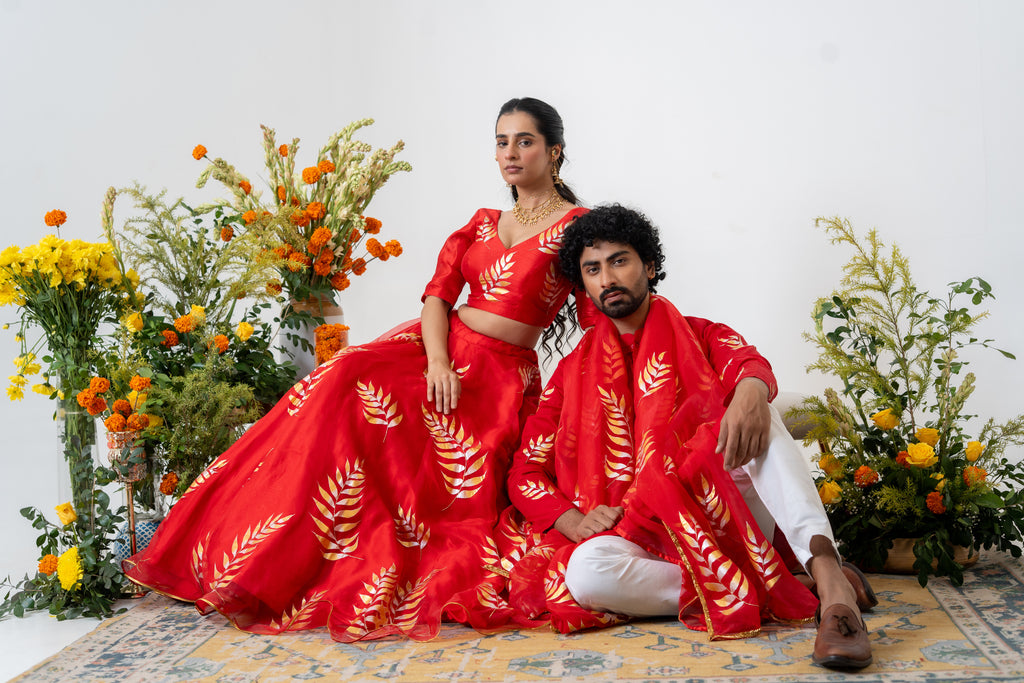 Handpainted and Handembroidered Red Fern Lehenga and Kurta Twin outfit