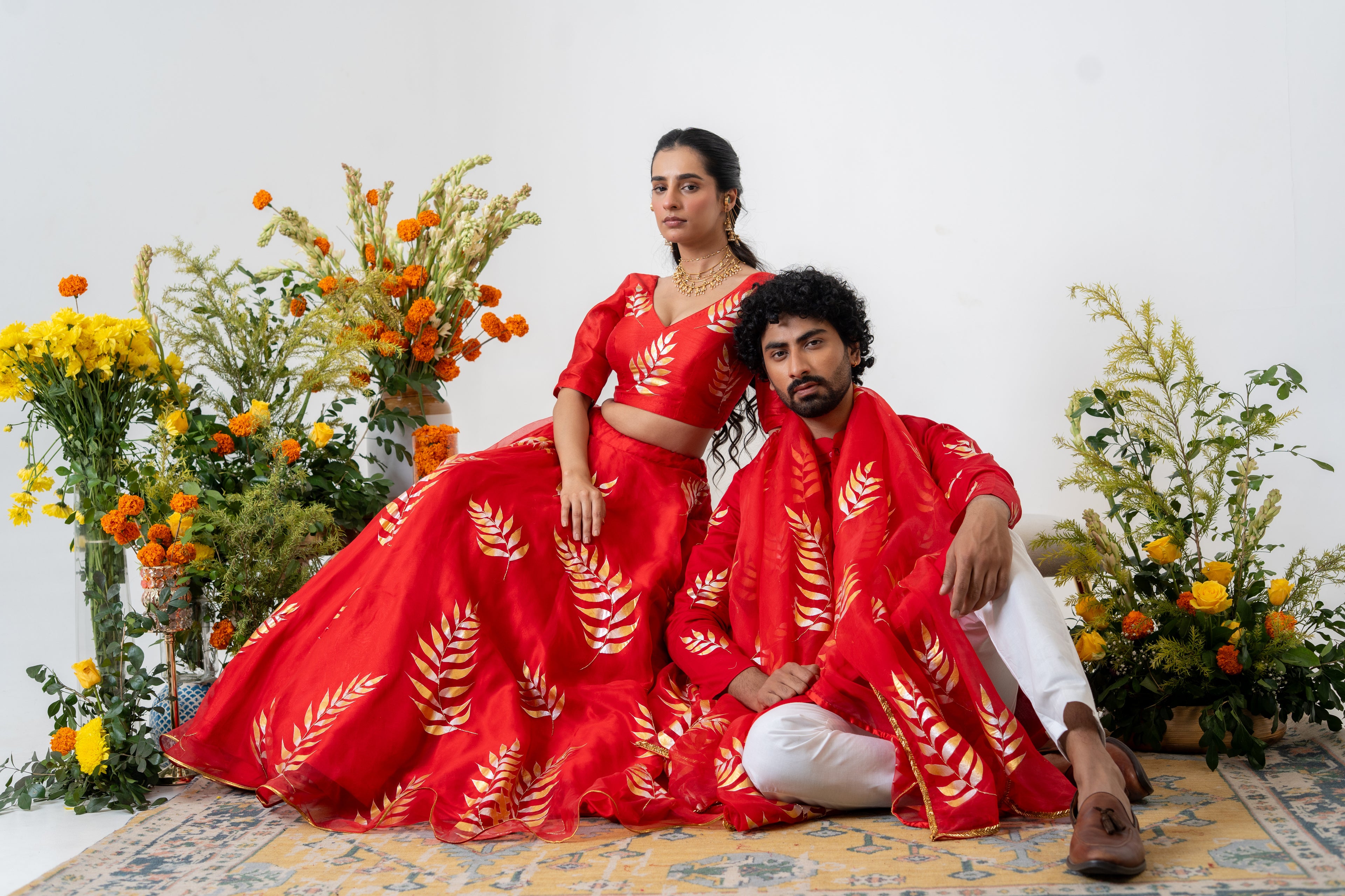 Handpainted and Handembroidered Red Fern Lehenga and Kurta Twin outfit