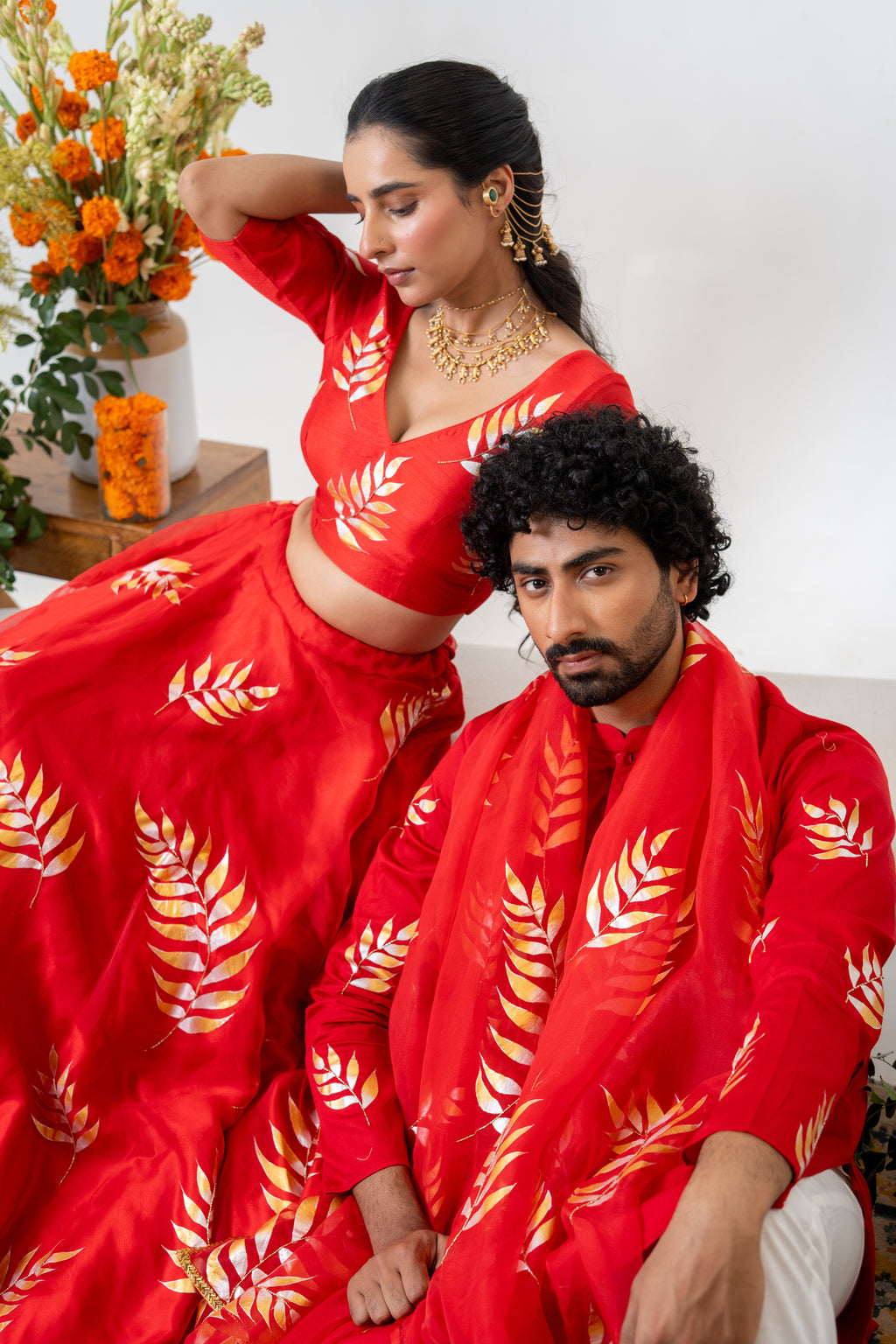 Handpainted and Handembroidered Red Fern Lehenga and Kurta Twin outfit