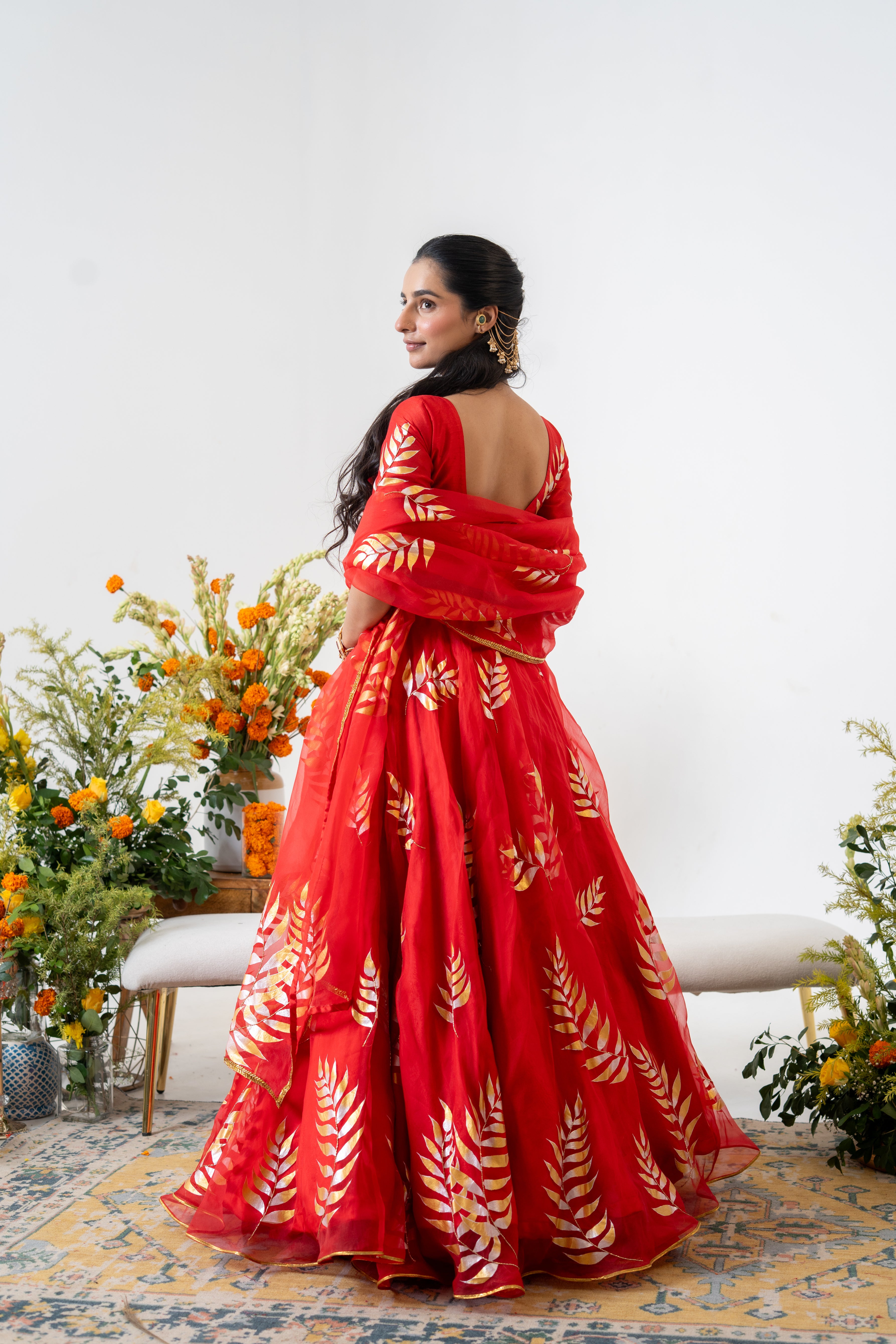 Handpainted and Handembroidered Red Fern Lehenga and Kurta Twin outfit