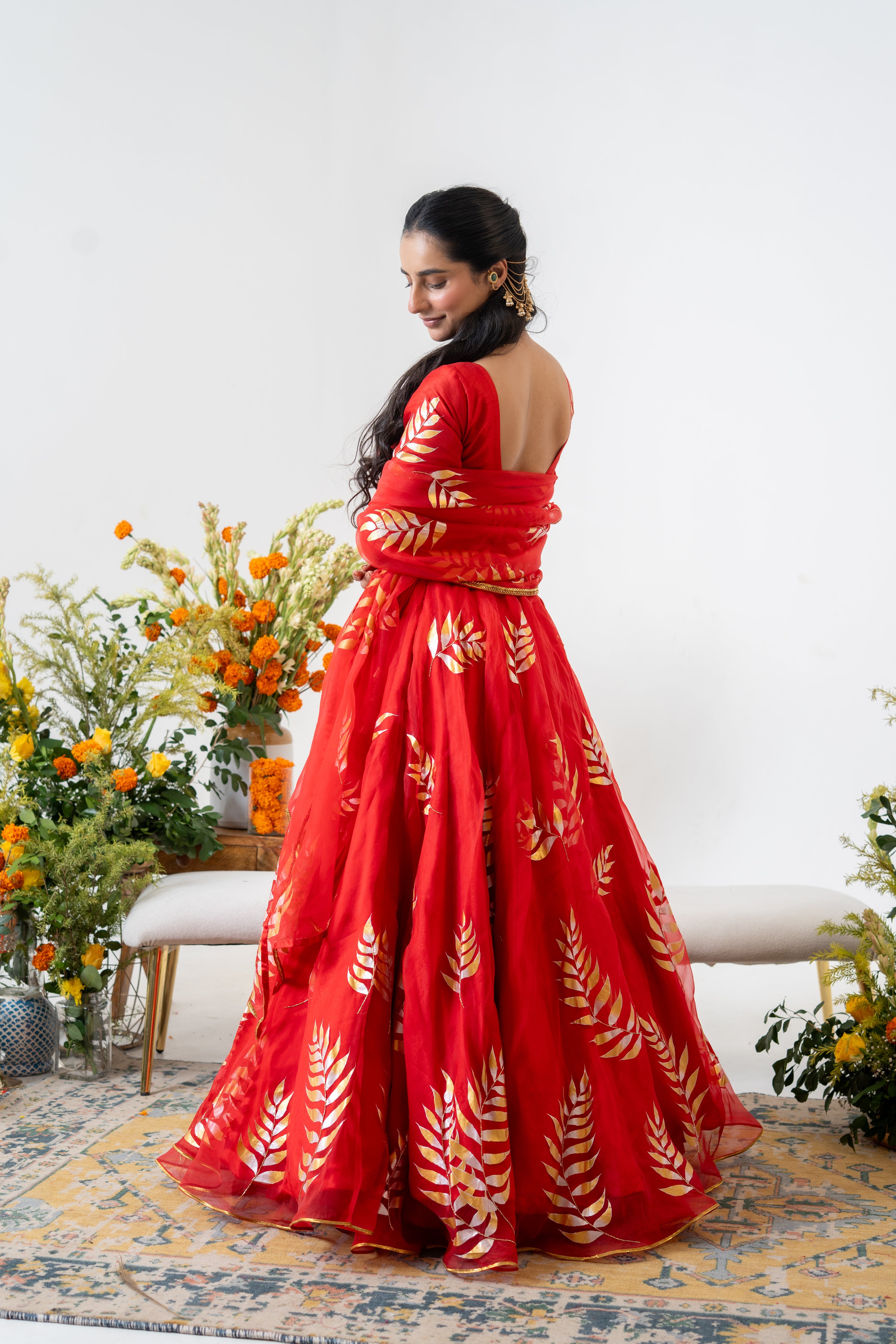 Handpainted and Handembroidered Red Fern Lehenga and Kurta Twin outfit