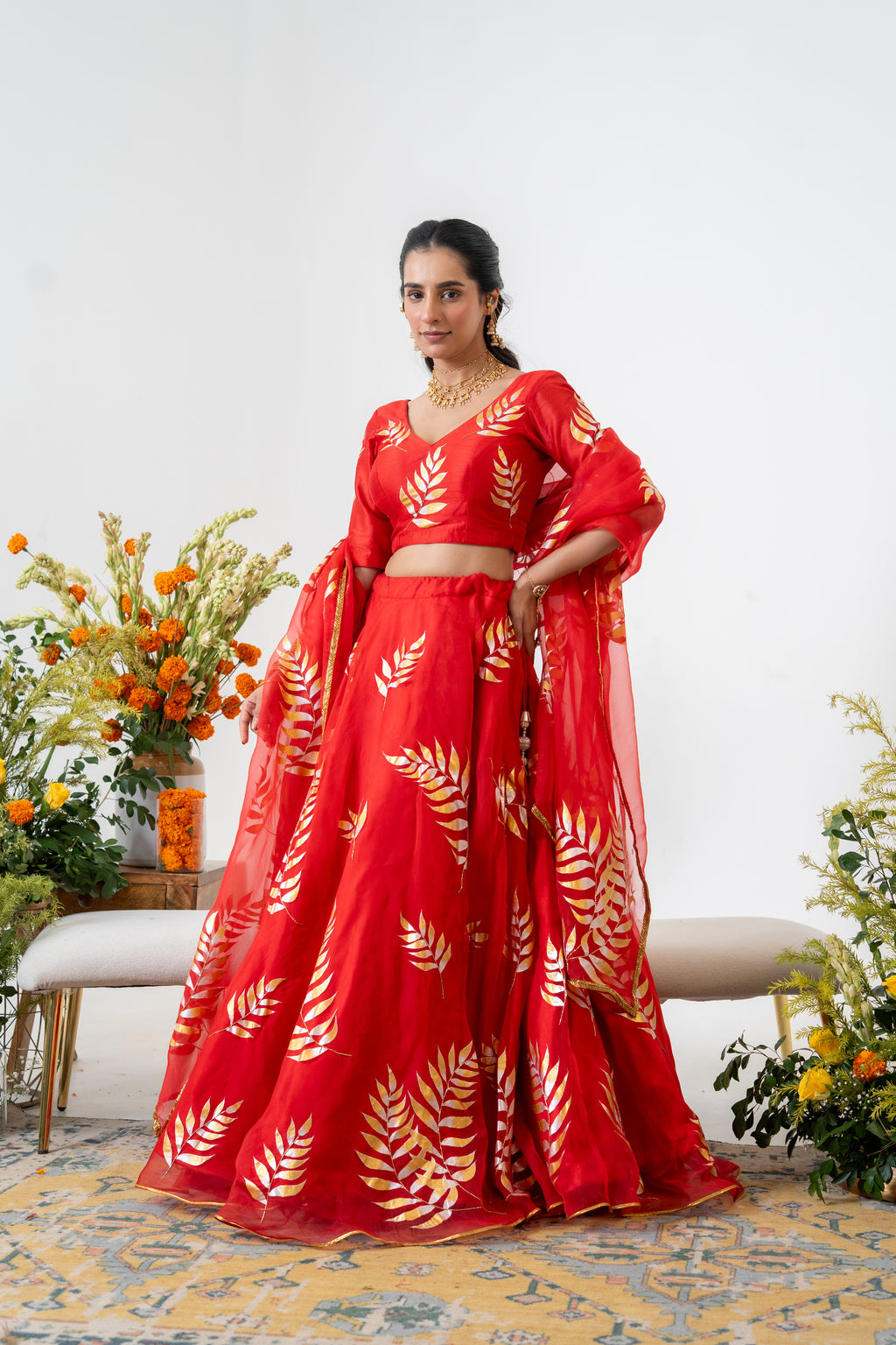 Handpainted and Handembroidered Red Fern Lehenga and Kurta Twin outfit