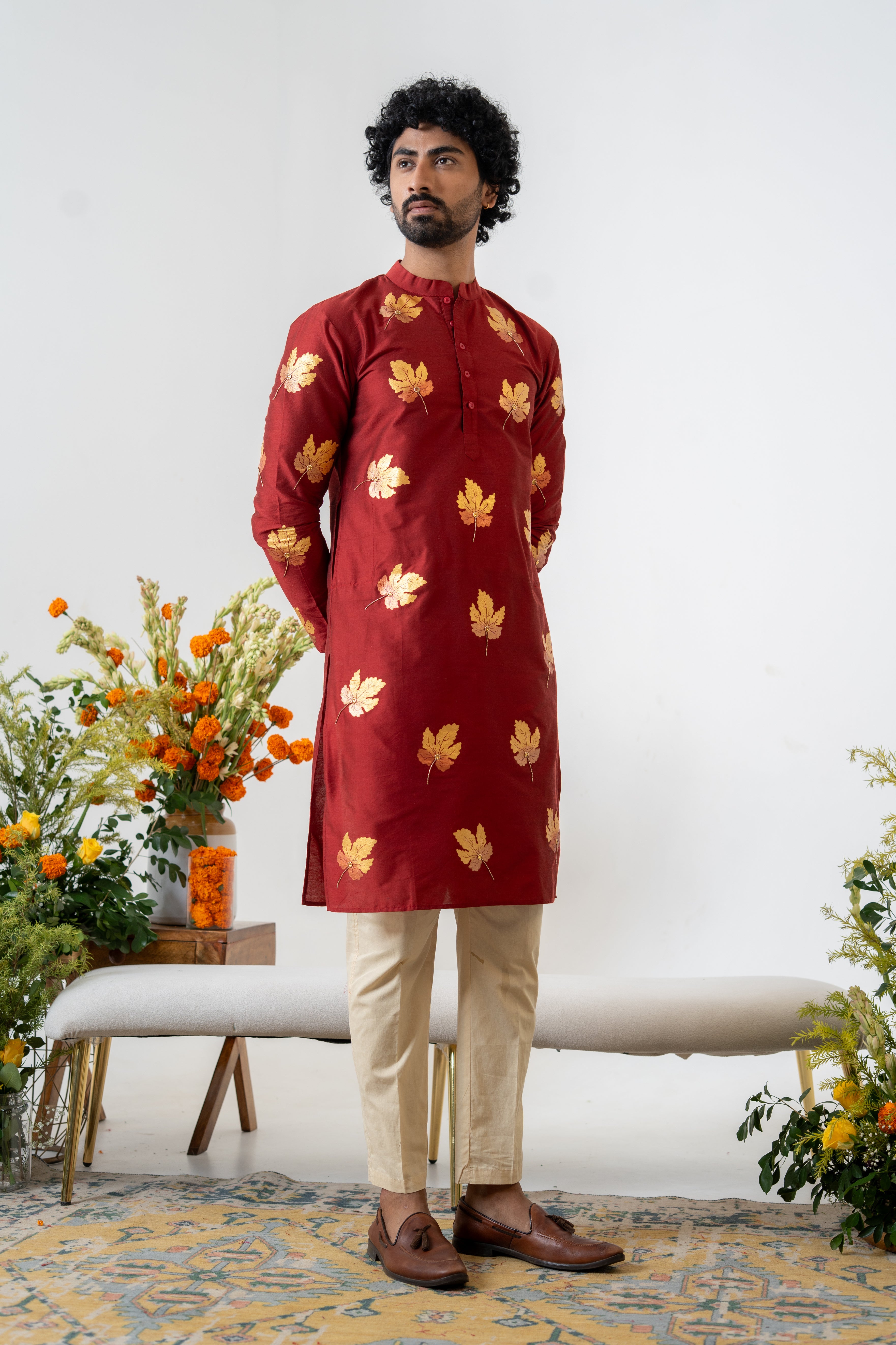 Handpainted and Hand embroidered Bottle Green and Maroon Golden Maple Lehenga and Kurta Twin outfit