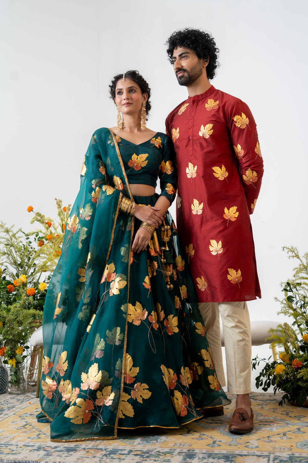 Handpainted and Hand embroidered Bottle Green and Maroon Golden Maple Lehenga and Kurta Twin outfit