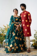 Handpainted and Hand embroidered Bottle Green and Maroon Golden Maple Lehenga and Kurta Twin outfit