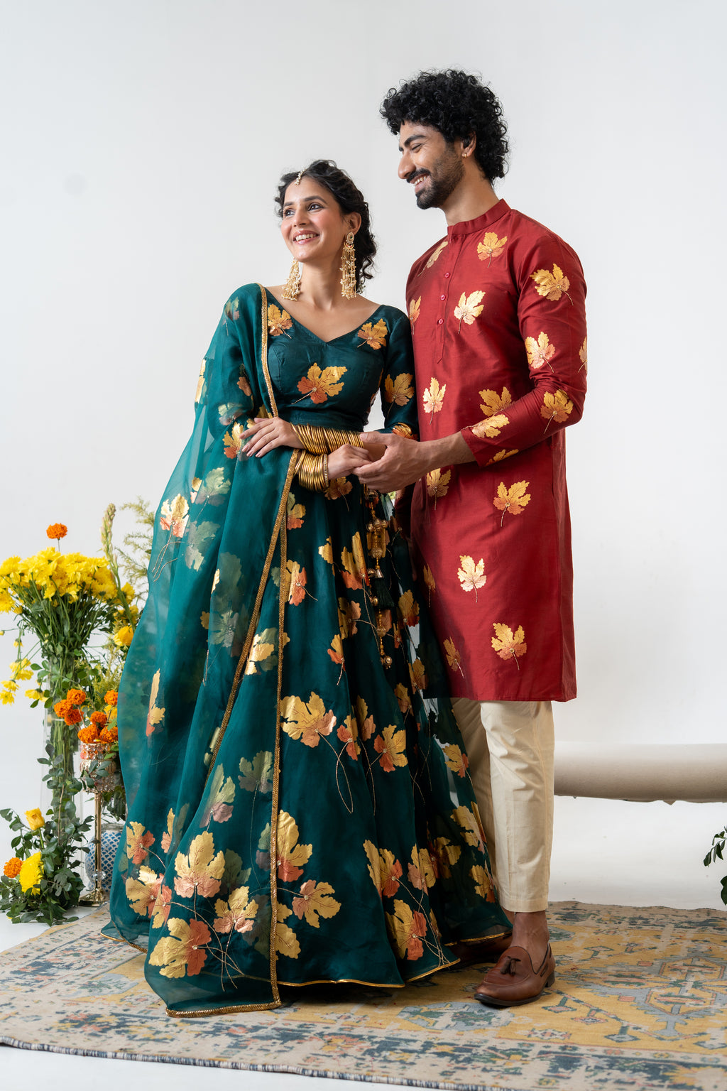 Handpainted and Hand embroidered Bottle Green and Maroon Golden Maple Lehenga and Kurta Twin outfit