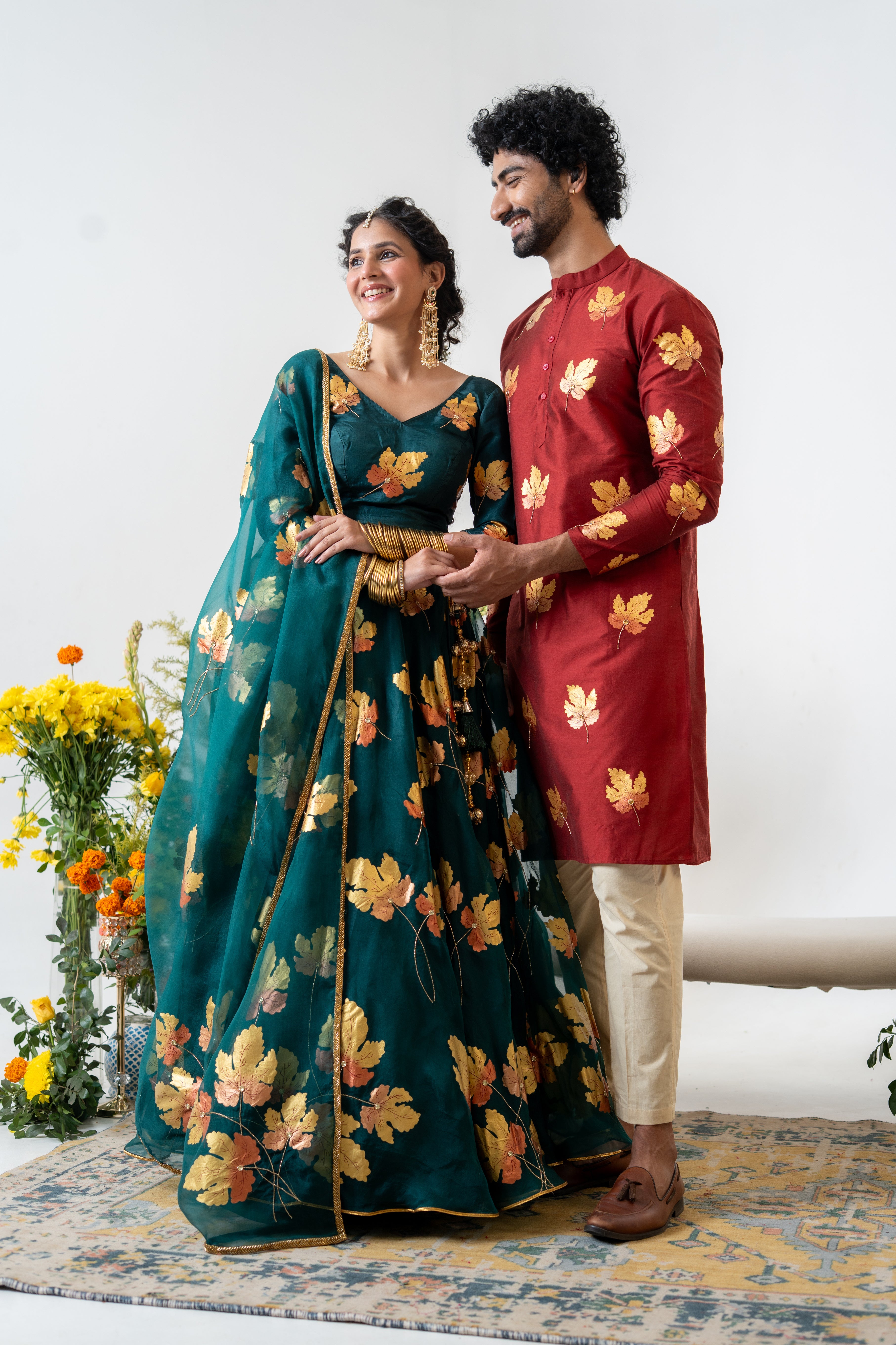 Handpainted and Hand embroidered Bottle Green and Maroon Golden Maple Lehenga and Kurta Twin outfit