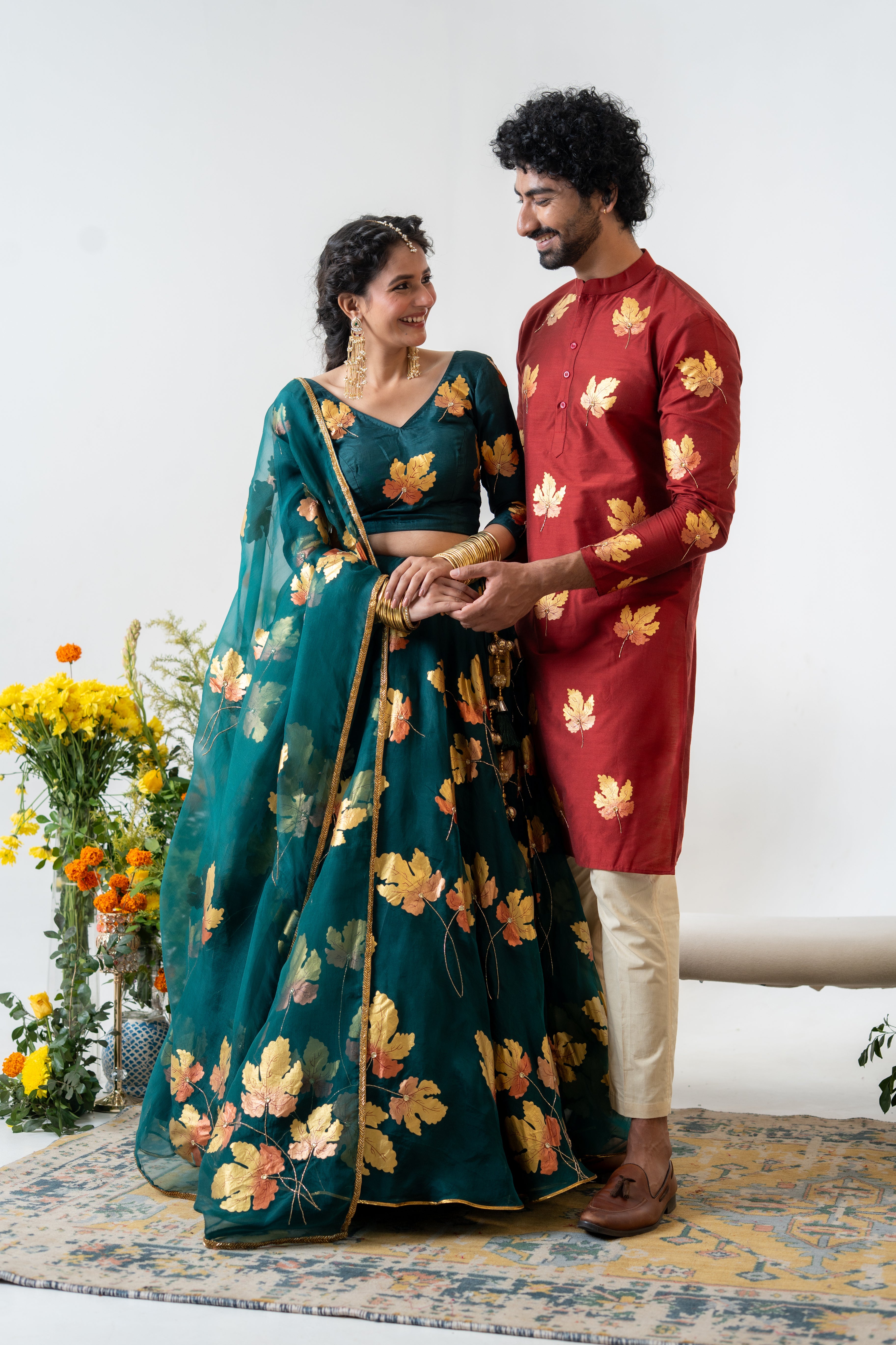 Handpainted and Hand embroidered Bottle Green and Maroon Golden Maple Lehenga and Kurta Twin outfit