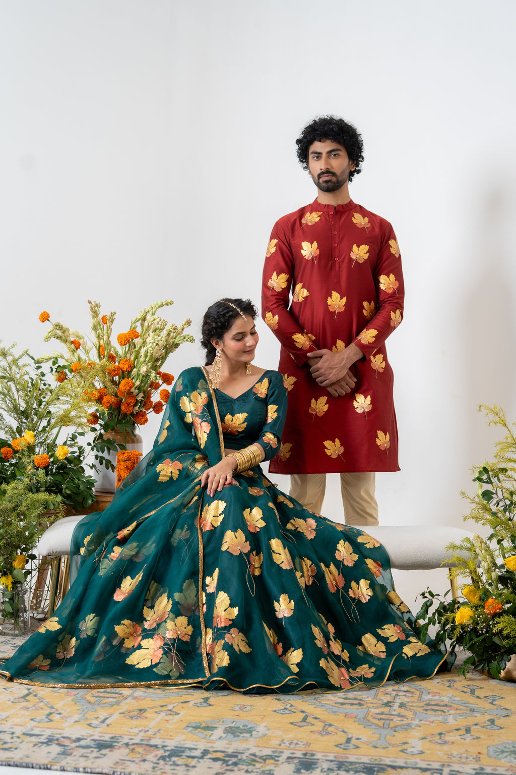 Handpainted and Hand embroidered Bottle Green and Maroon Golden Maple Lehenga and Kurta Twin outfit