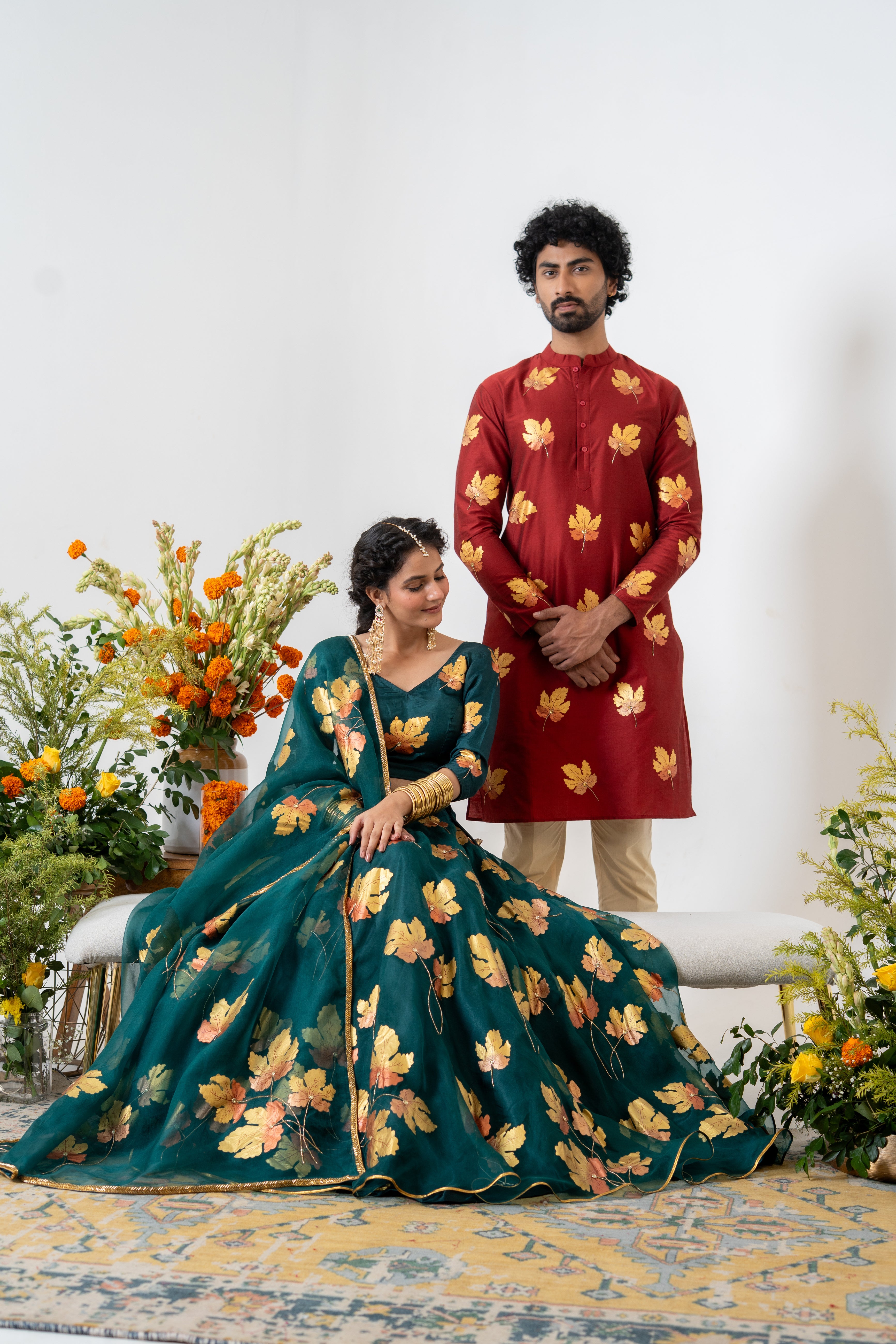 Handpainted and Hand embroidered Bottle Green and Maroon Golden Maple Lehenga and Kurta Twin outfit