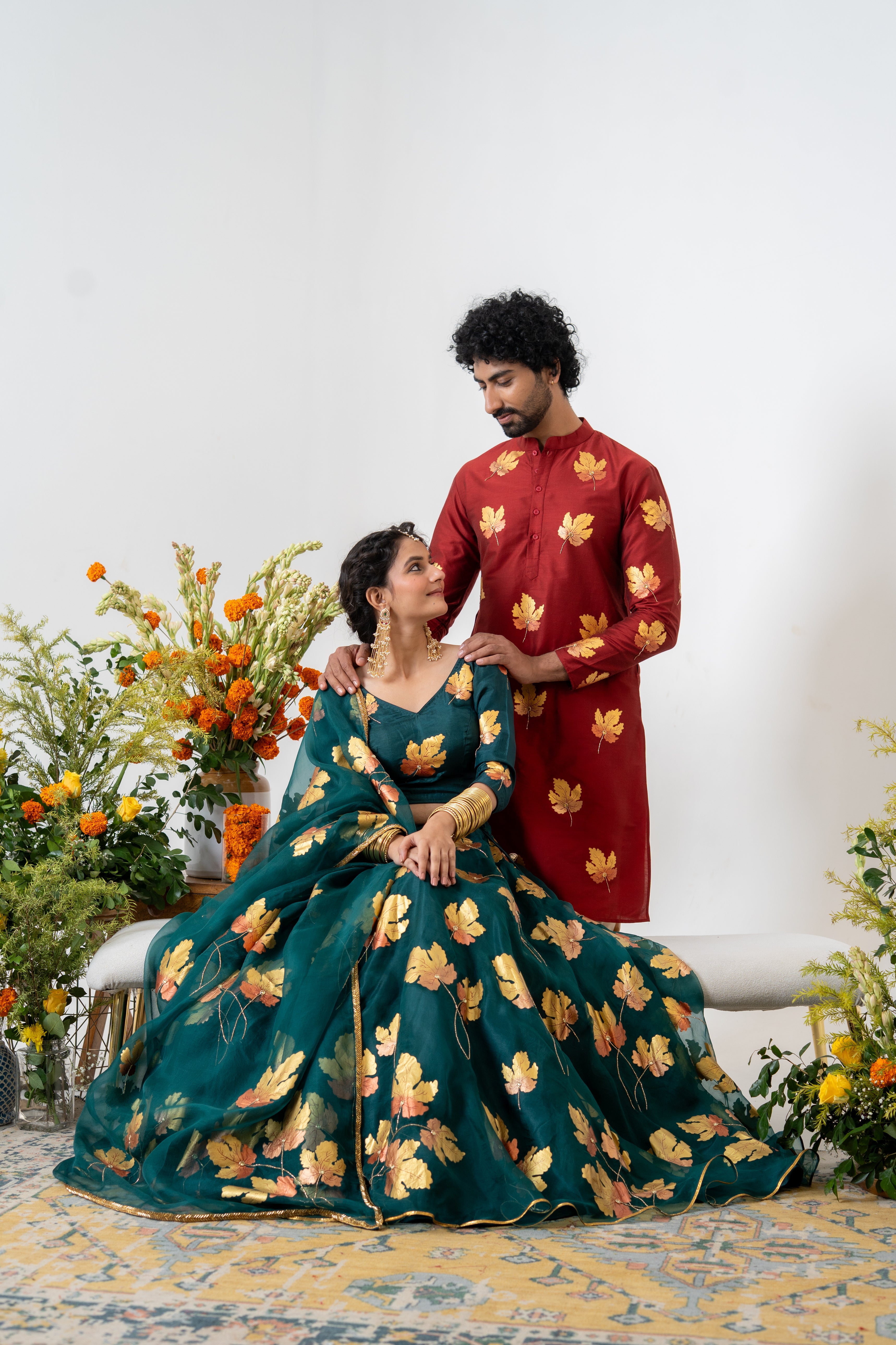 Handpainted and Hand embroidered Bottle Green and Maroon Golden Maple Lehenga and Kurta Twin outfit