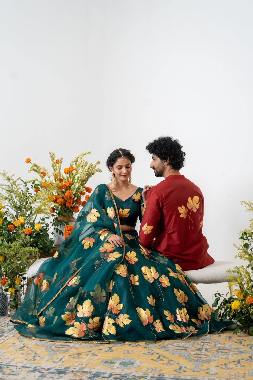 Handpainted and Hand embroidered Bottle Green and Maroon Golden Maple Lehenga and Kurta Twin outfit