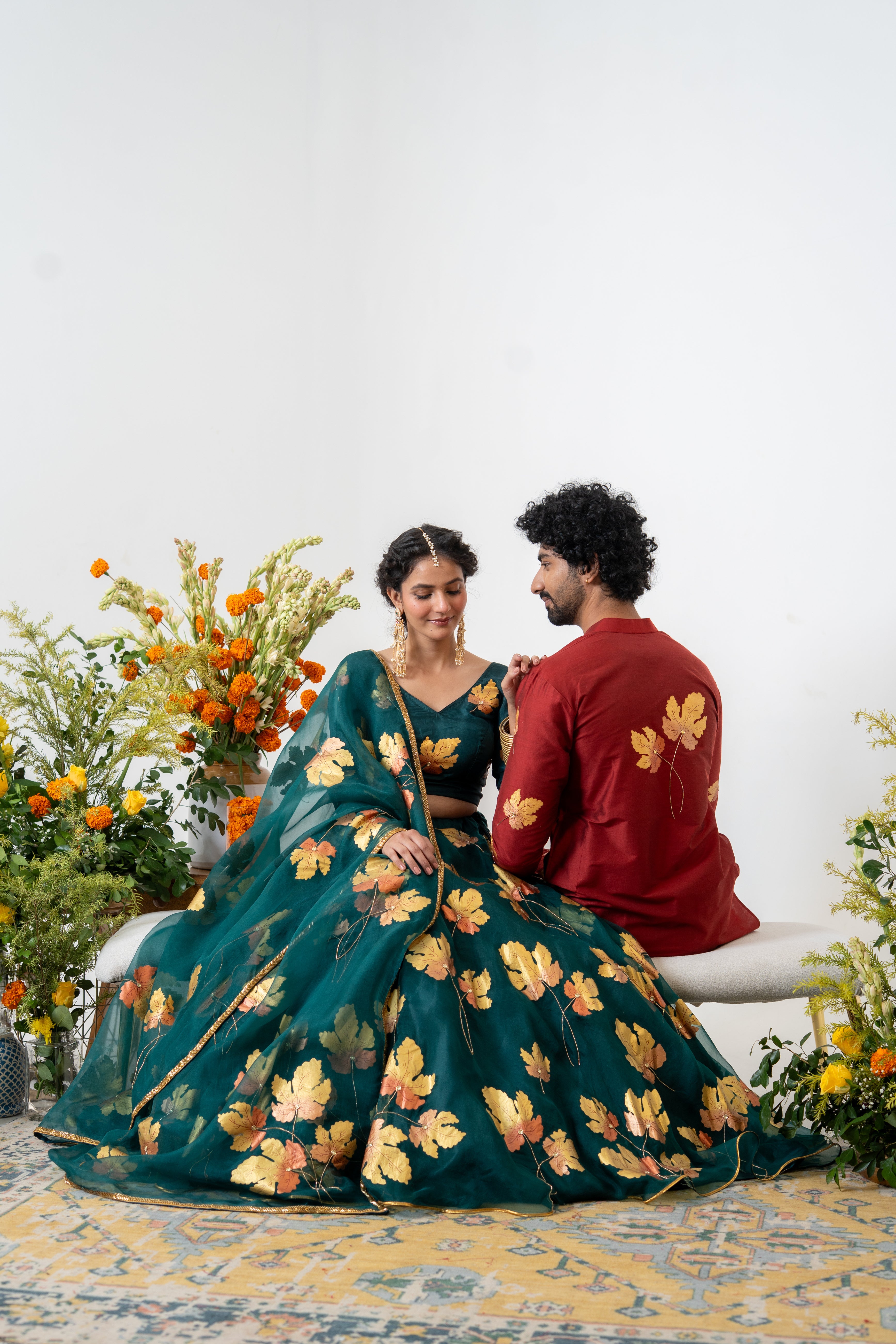 Handpainted and Hand embroidered Bottle Green and Maroon Golden Maple Lehenga and Kurta Twin outfit