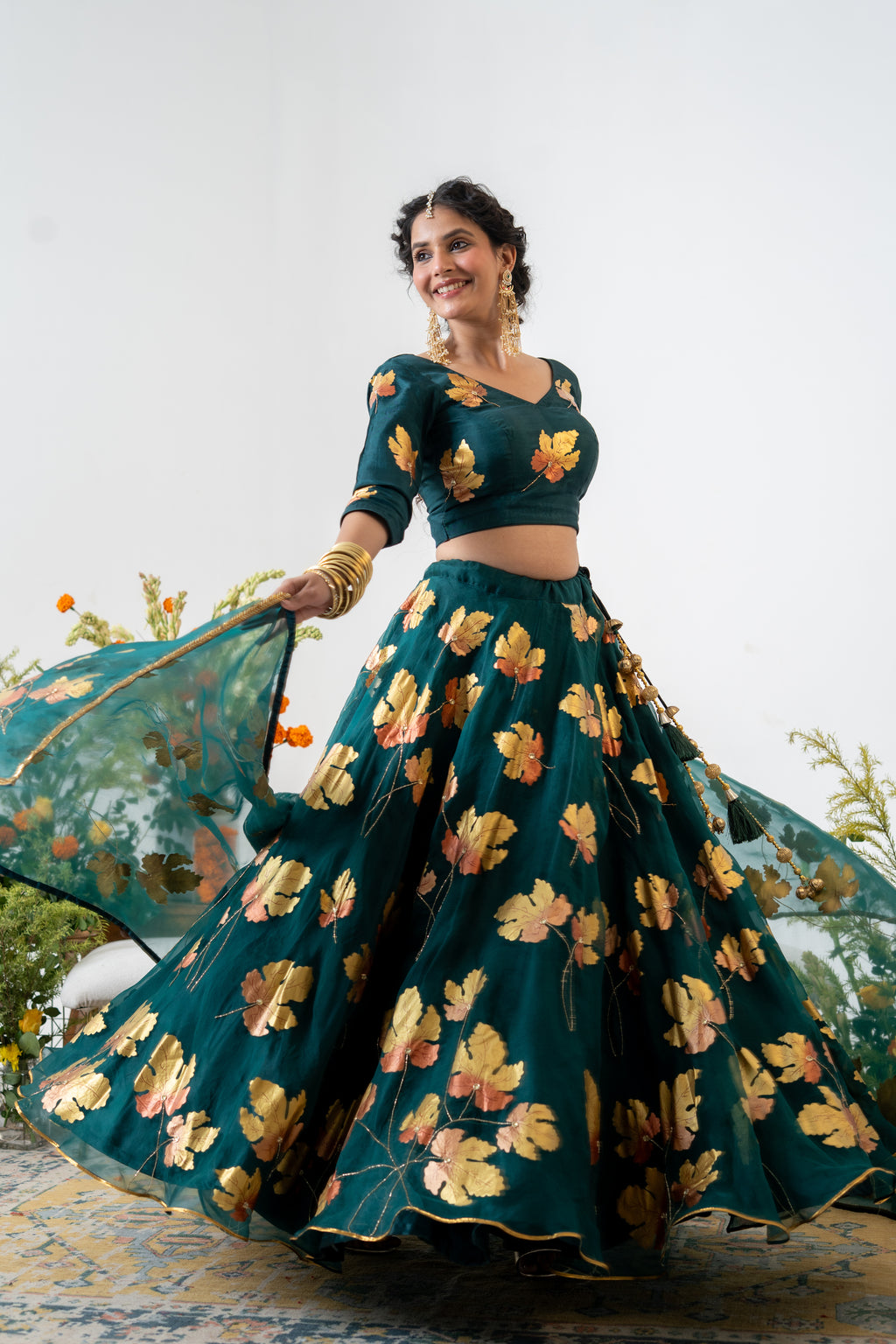 Handpainted and Hand embroidered Bottle Green and Maroon Golden Maple Lehenga and Kurta Twin outfit