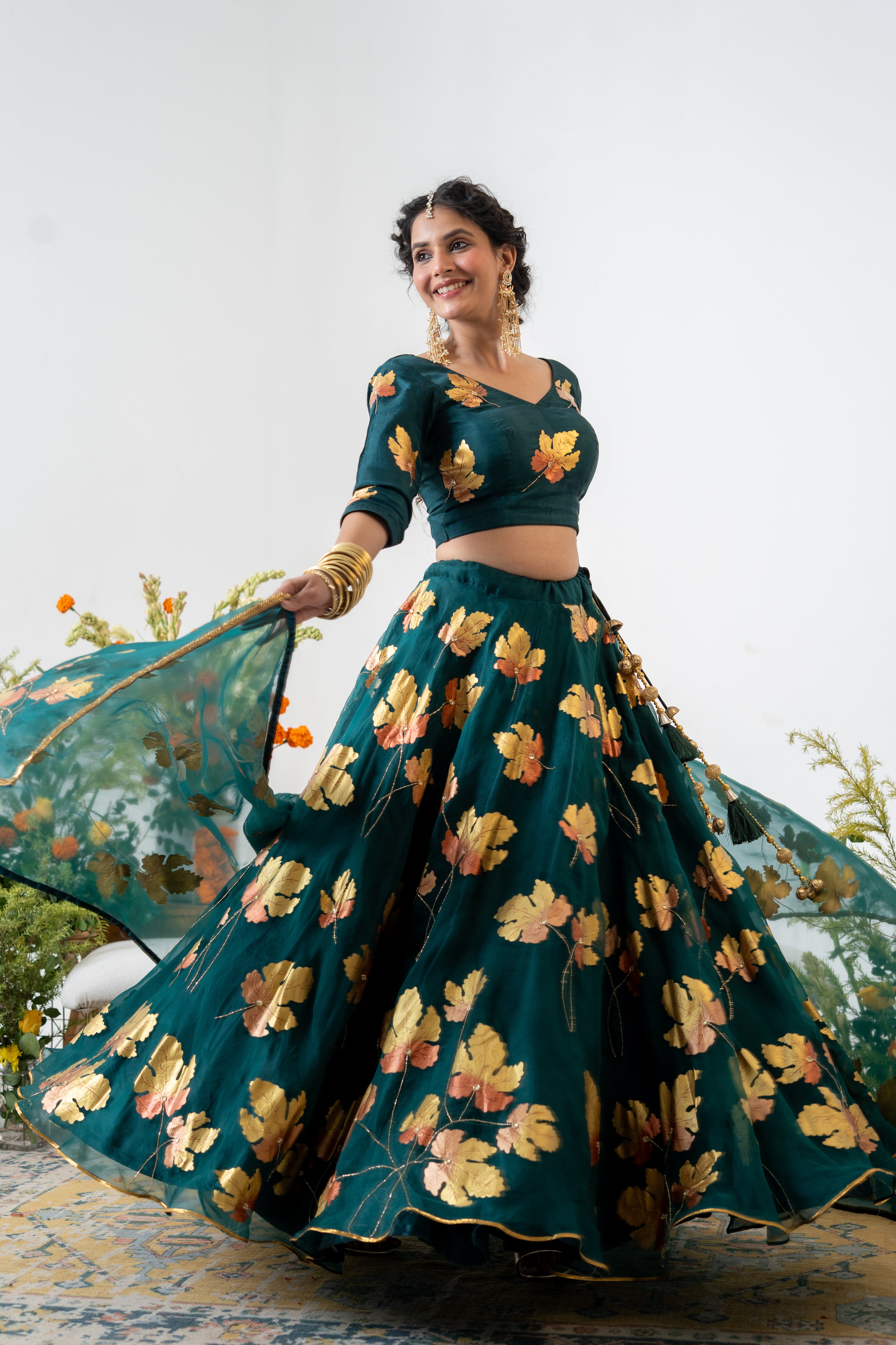 Handpainted and Hand embroidered Bottle Green and Maroon Golden Maple Lehenga and Kurta Twin outfit