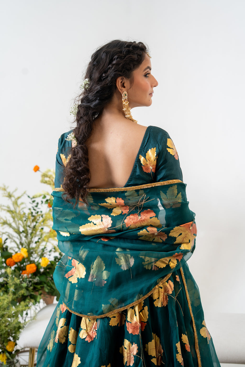 Handpainted and Hand embroidered Bottle Green and Maroon Golden Maple Lehenga and Kurta Twin outfit