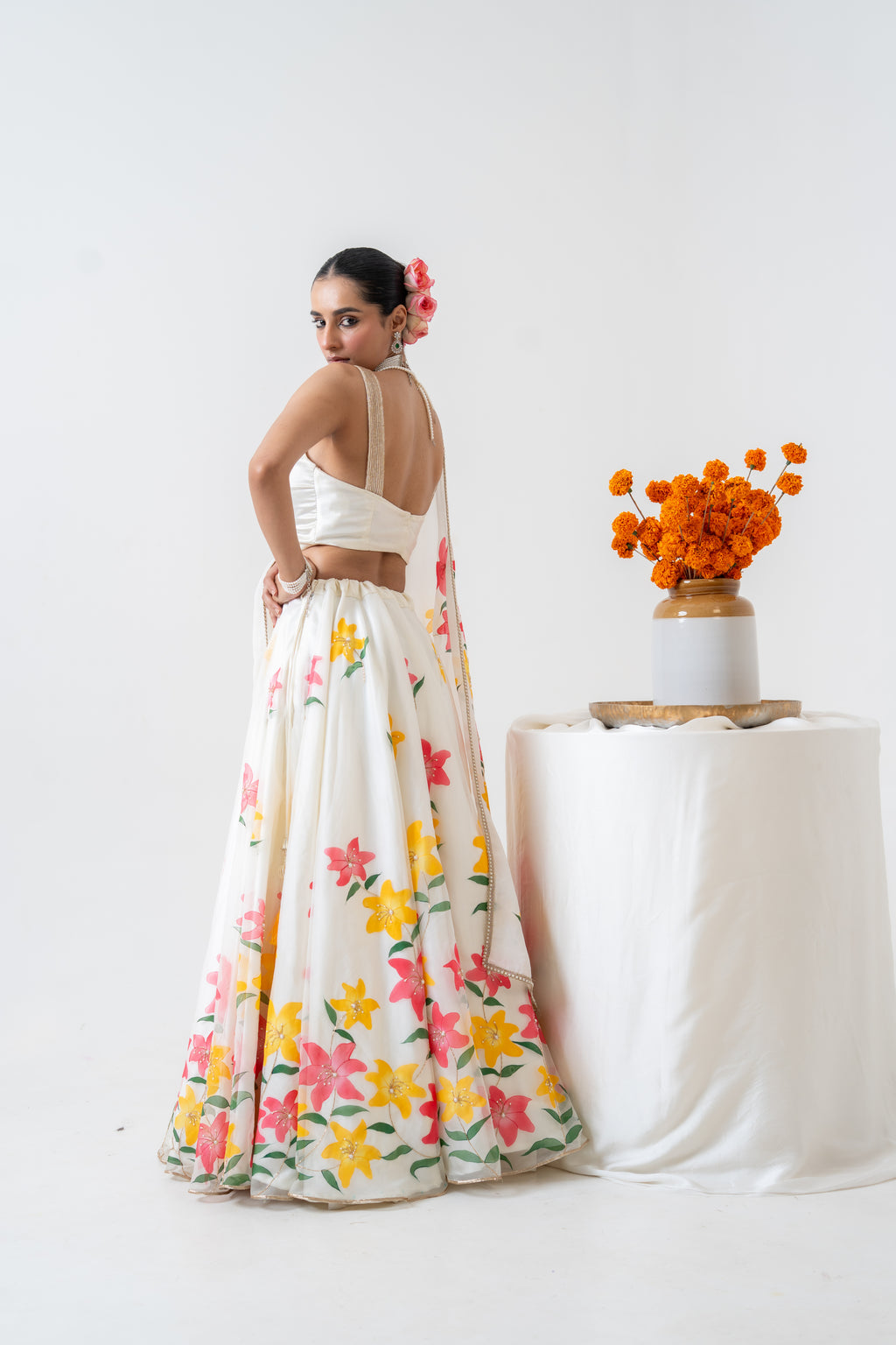 Handpainted and Hand embroidered Ivory Lily Lehenga and Kurta Twin Outfit