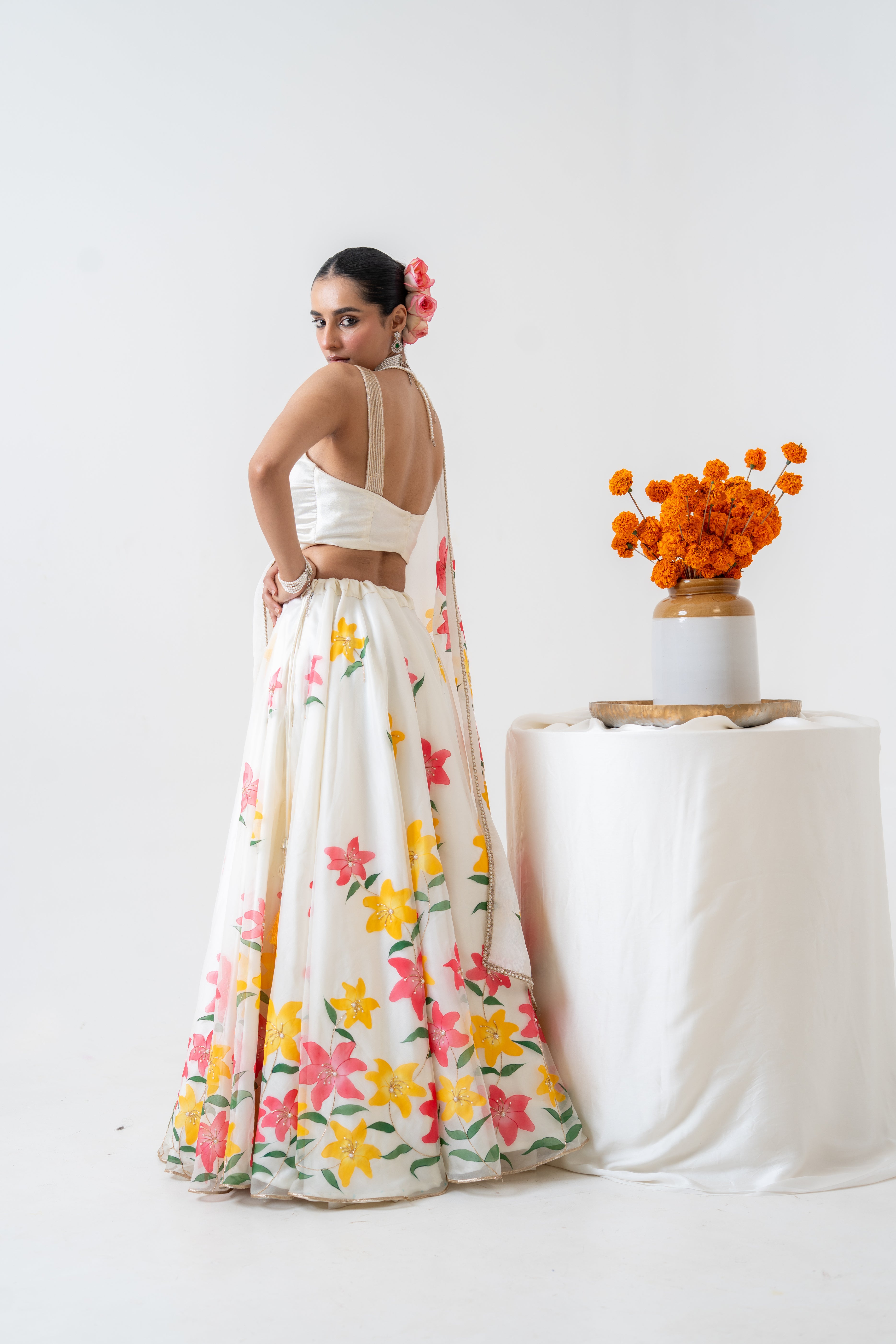 Handpainted and Hand embroidered Ivory Lily Lehenga and Kurta Twin Outfit