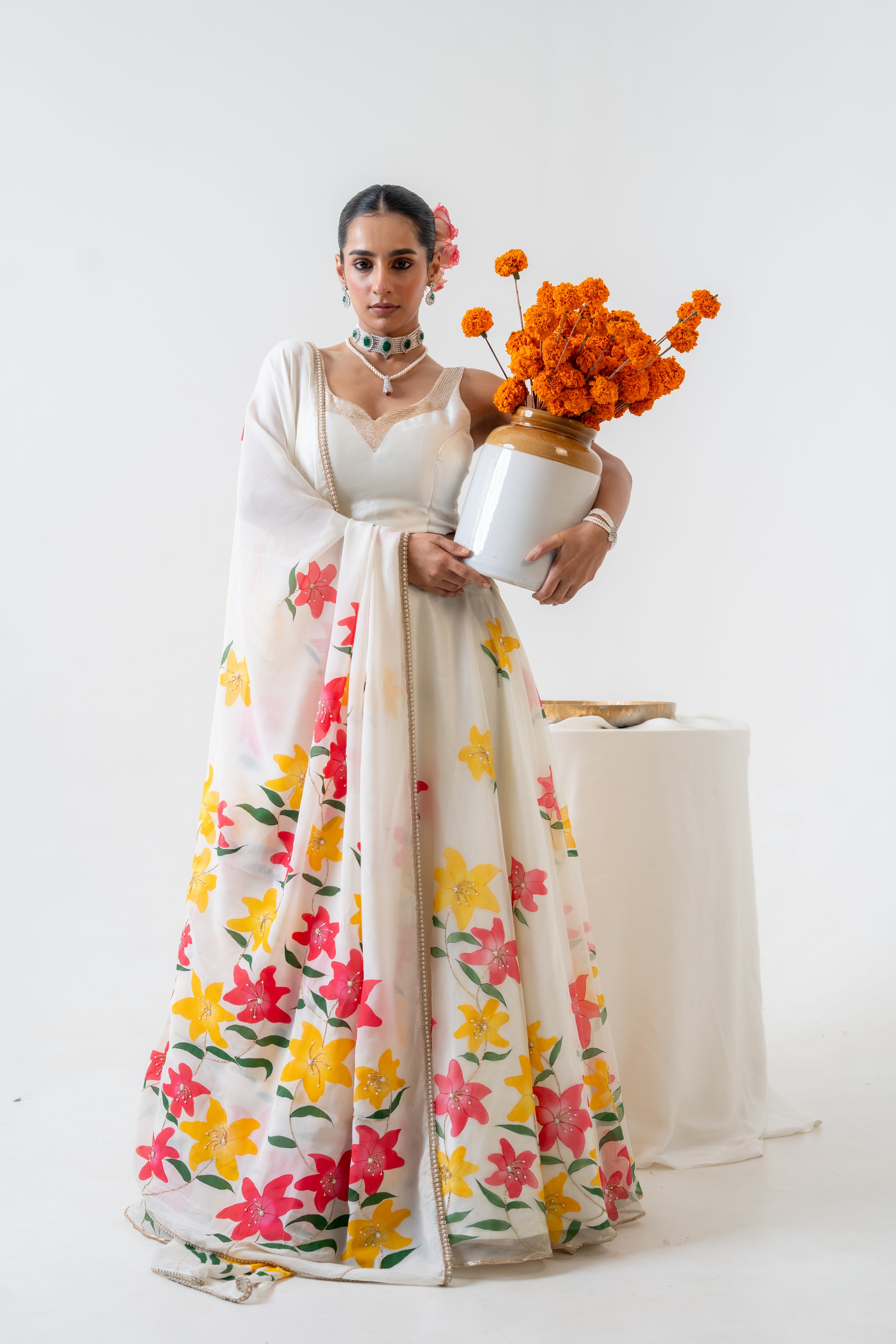 Handpainted and Hand embroidered Ivory Lily Lehenga and Kurta Twin Outfit