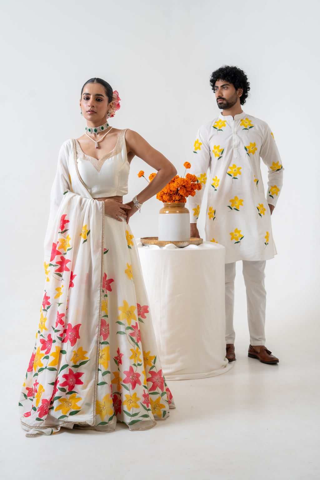 Handpainted and Hand embroidered Ivory Lily Lehenga and Kurta Twin Outfit