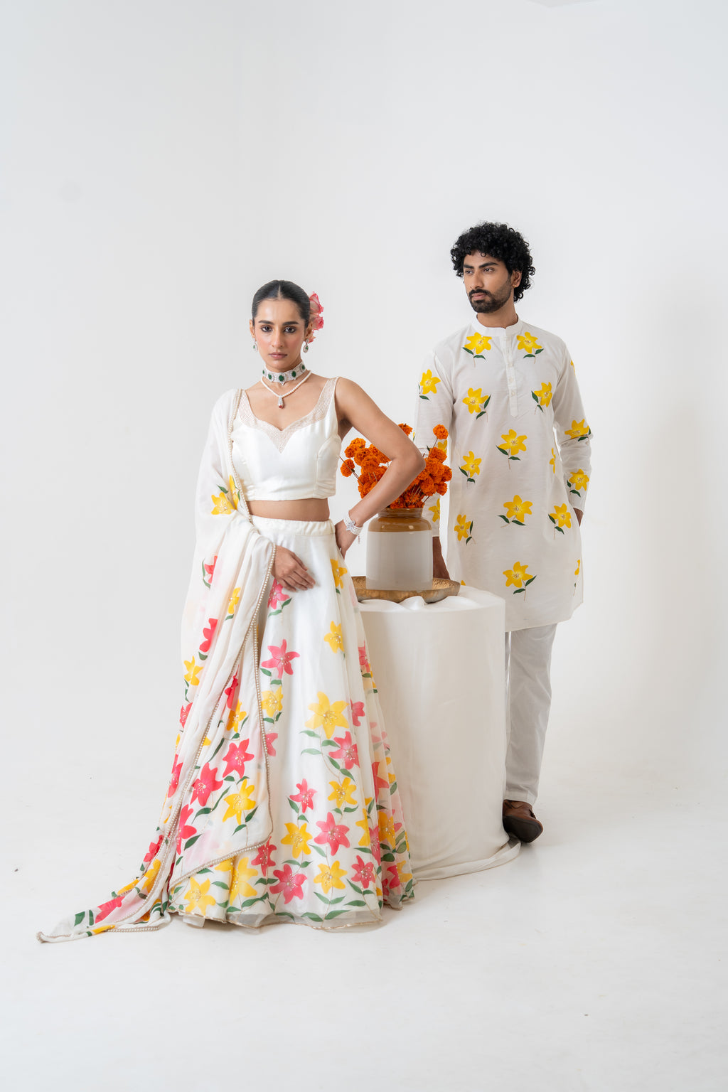 Handpainted and Hand embroidered Ivory Lily Lehenga and Kurta Twin Outfit