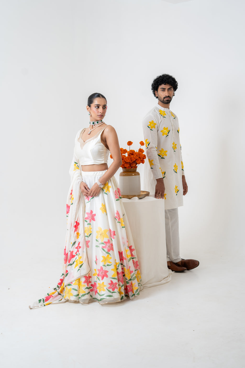 Handpainted and Hand embroidered Ivory Lily Lehenga and Kurta Twin Outfit