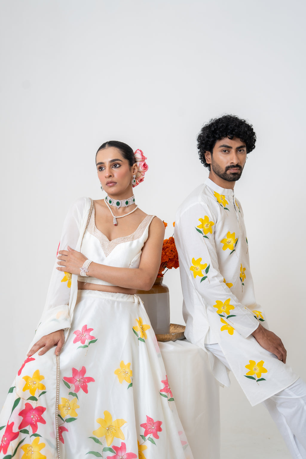Handpainted and Hand embroidered Ivory Lily Lehenga and Kurta Twin Outfit